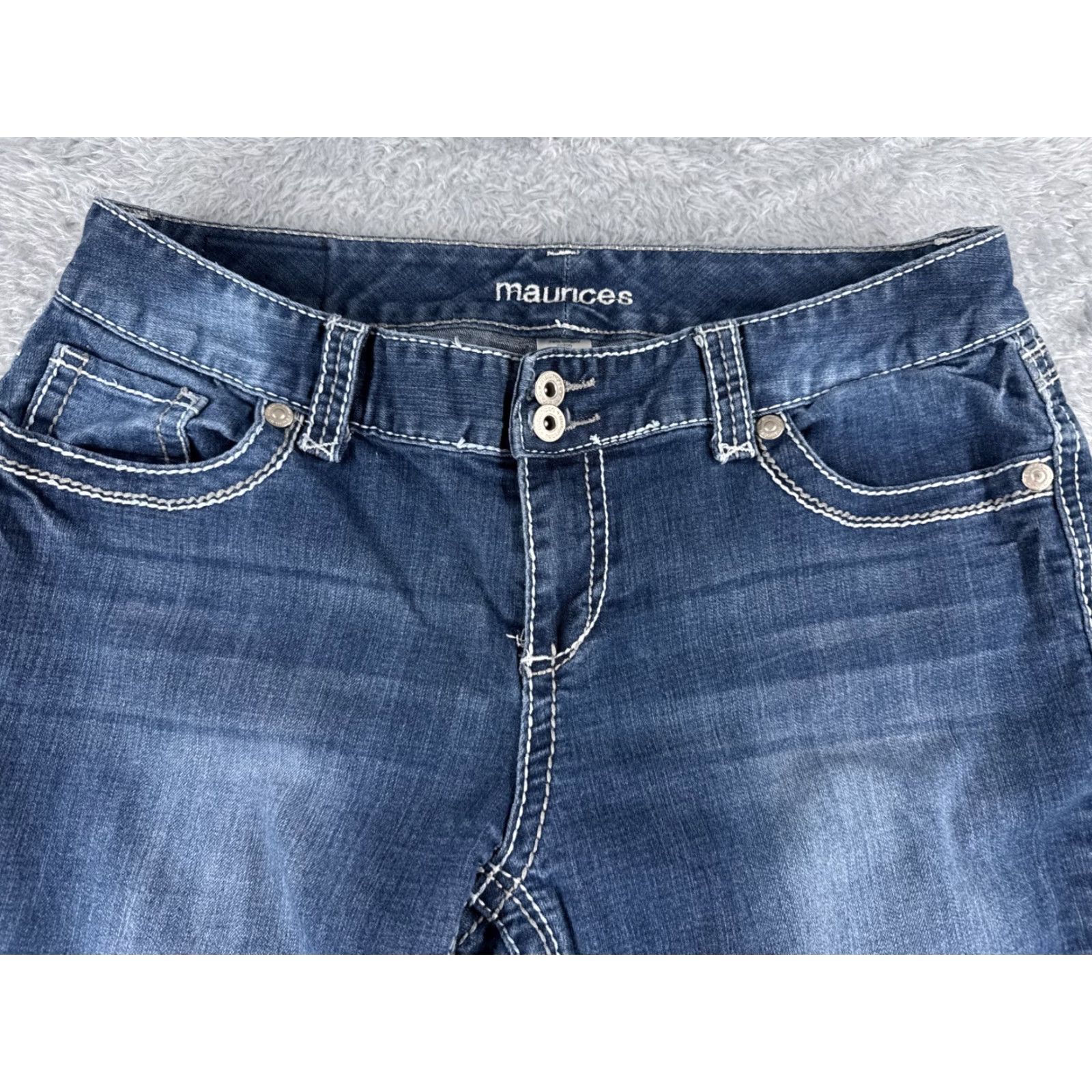 Vintage Maurices Jeans Women 11 Blue Denim Bootscut Mid Rise 32x30 Cotton Western 5-Pocket Accents Zipper Distressed Size 32" / US 10 / IT 46 - 4 Thumbnail