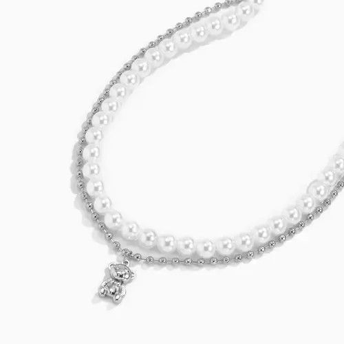 Delusion Double Layer Pearl Bear Necklace Silver Necklace Size ONE SIZE - 2 Thumbnail