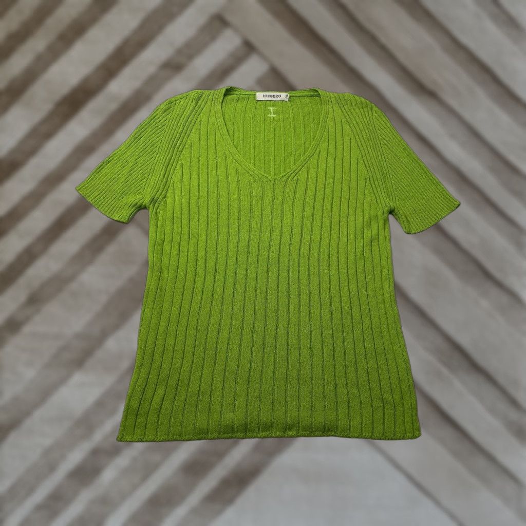 Vintage VINTAGE Iceberg Jumper Shirt Women Short Sleeve Green Striped V-Neck Size 44 90s 00s Womens Size M / US 6-8 / IT 42-44 - 1 Thumbnail