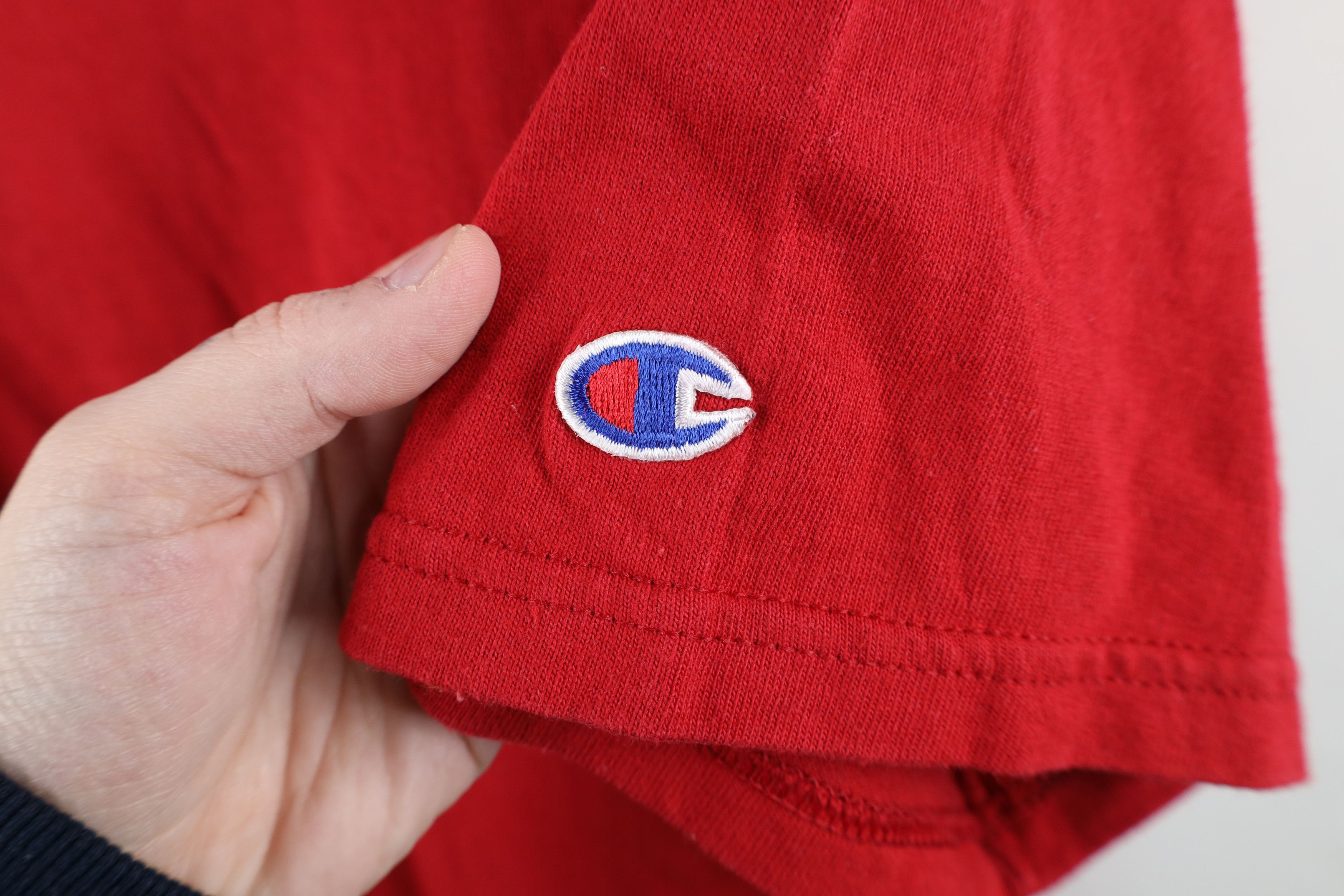 Champion × Vintage Vintage 90s Champion Faded Spell Out Jersey Knit T-Shirt Red Size US L / EU 52-54 / 3 - 4 Thumbnail