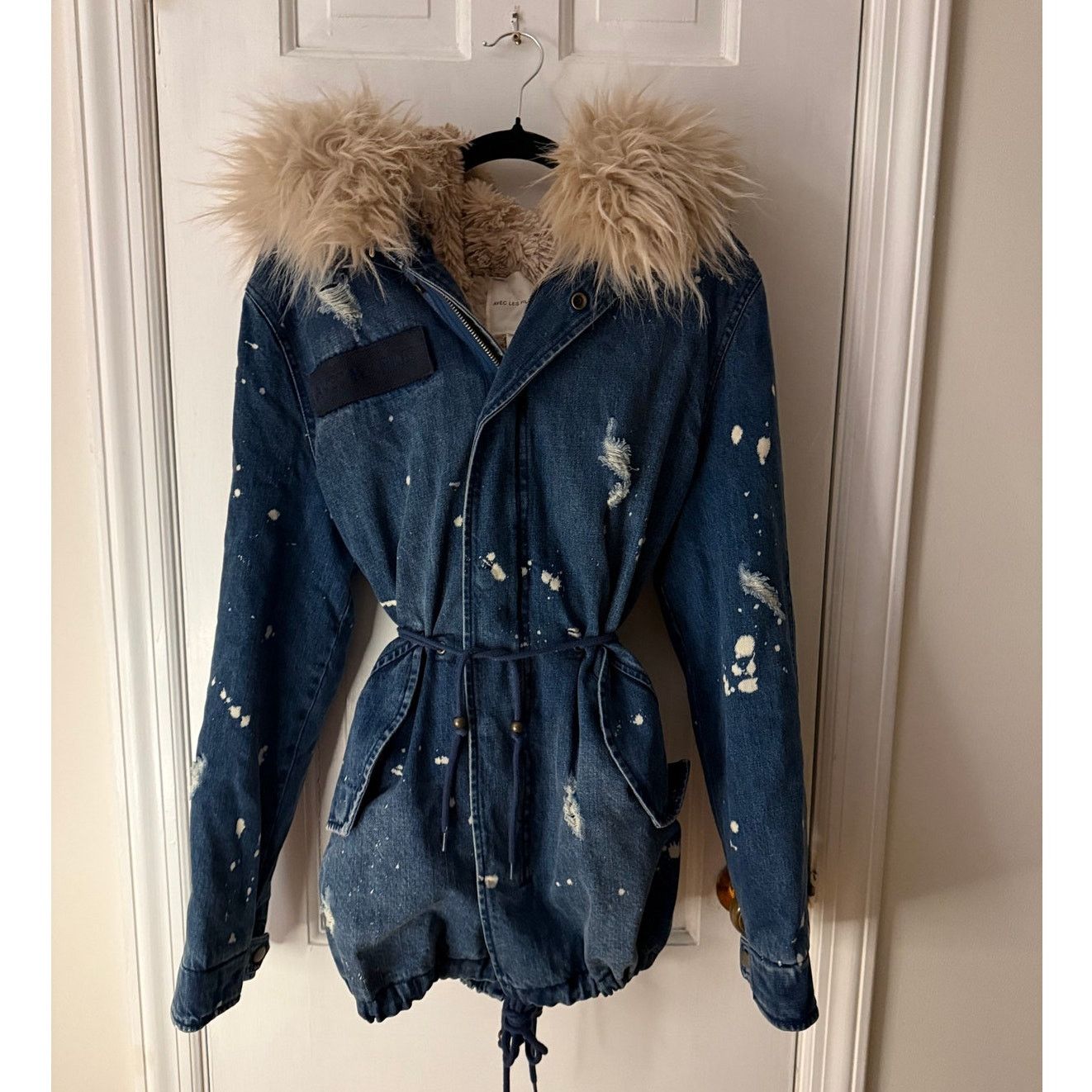 Avec Les Filles Distressed Denim Coat w/ Faux Fur-Small (OS)