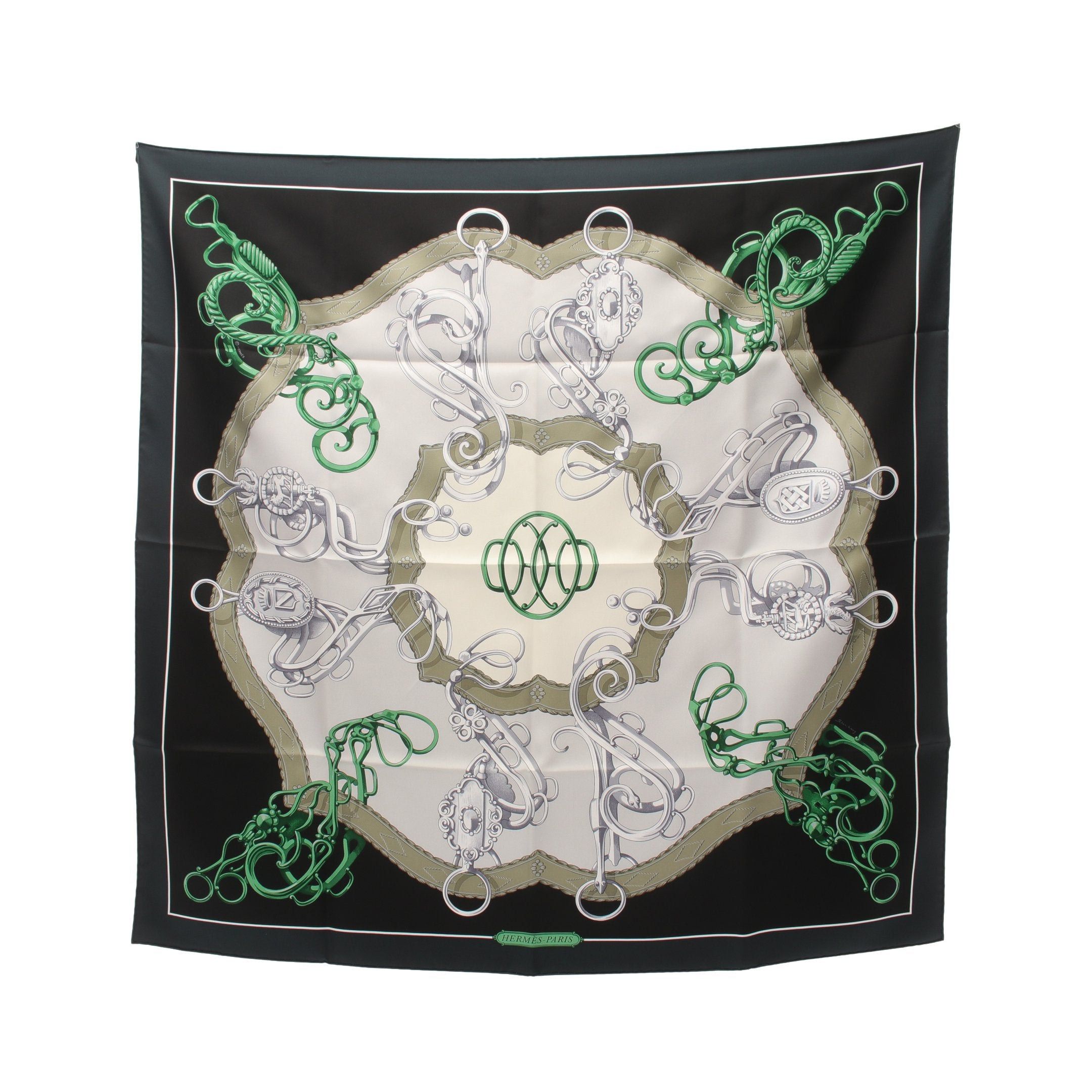 Hermes Hermes Carres 90 Lift Profile Vert Noir Grease Veil Scarf Silk Black Dark Green Multicolor Size ONE SIZE - 1 Thumbnail