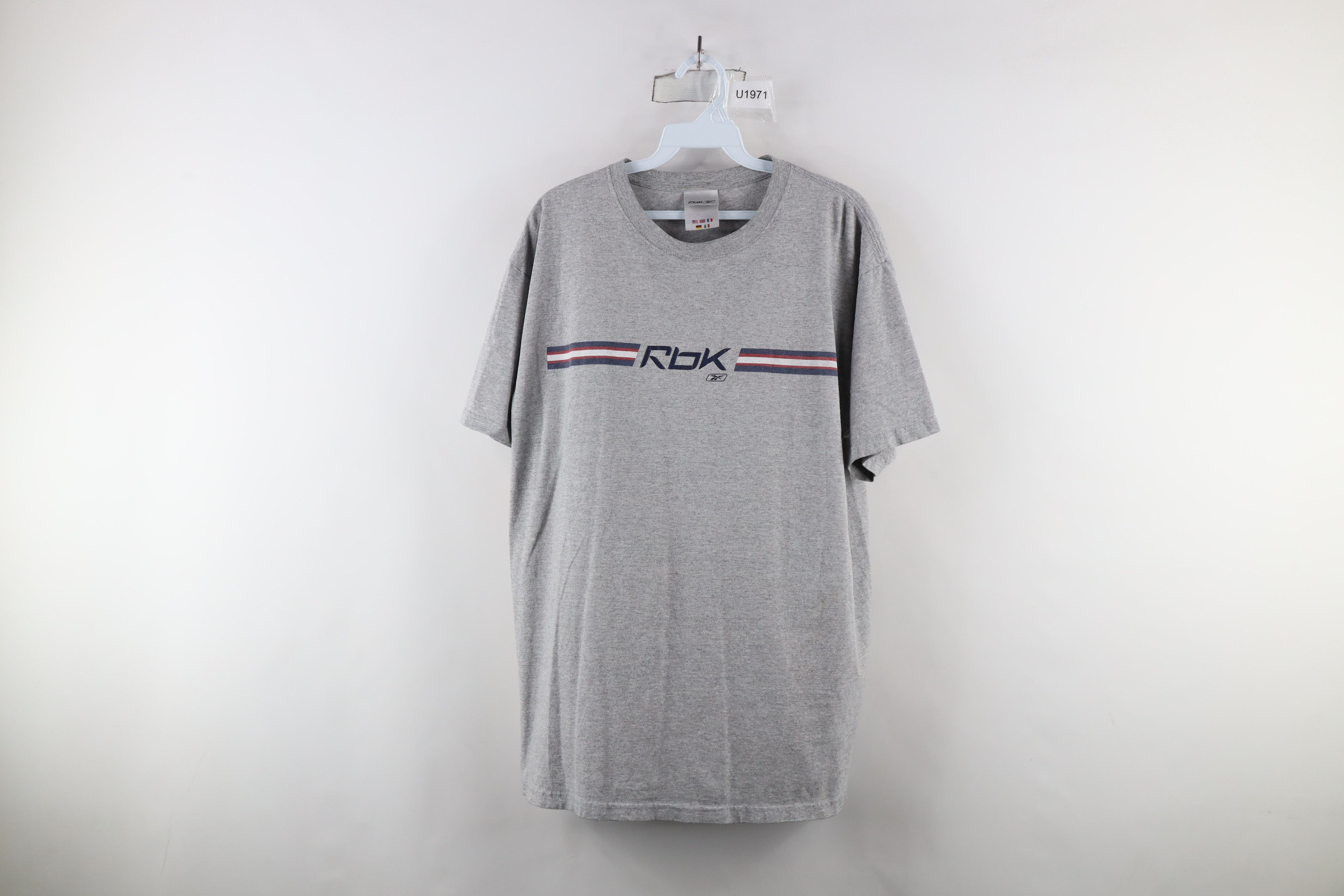 Reebok × Vintage Vintage 90s Reebok Out Striped Short Sleeve T-Shirt Gray Size US XL / EU 56 / 4 - 1 Thumbnail
