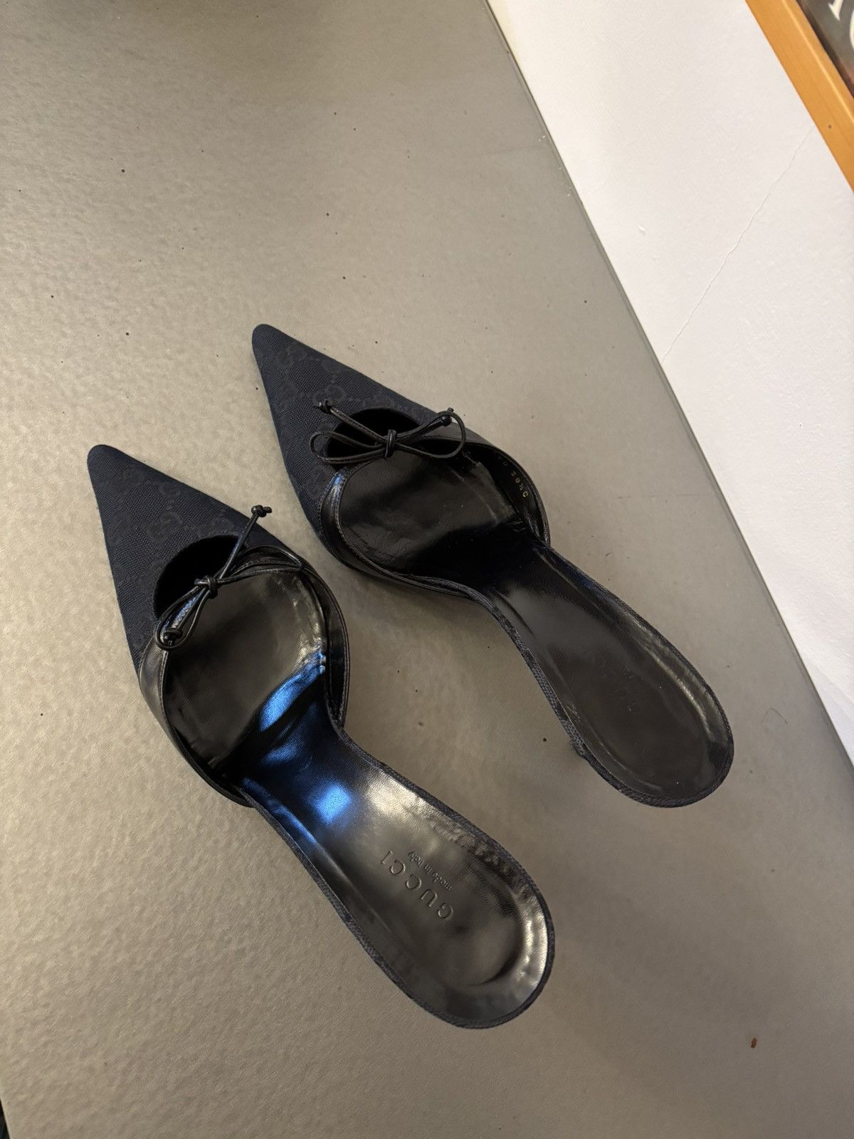 Gucci Black monogram mules grommet accents decorative leather bow Size US 8.5 / IT 38.5 - 5 Thumbnail