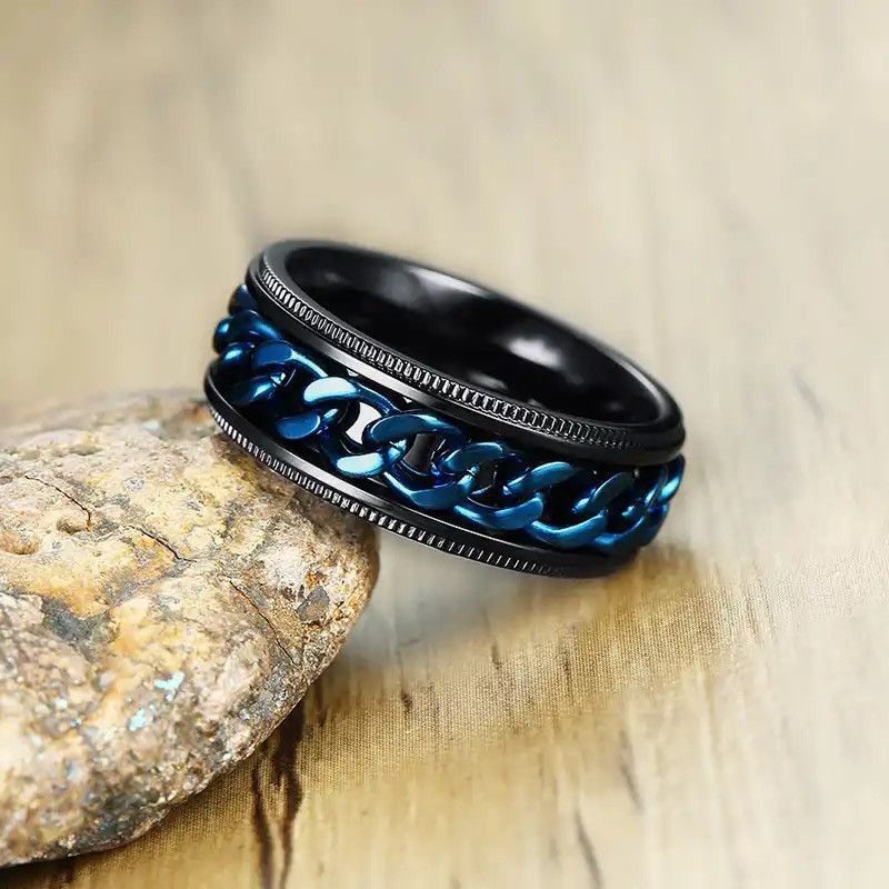 Other Fidget Black Rings with Blue Center Curb Chain Spinner Ring Size ONE SIZE - 1 Thumbnail