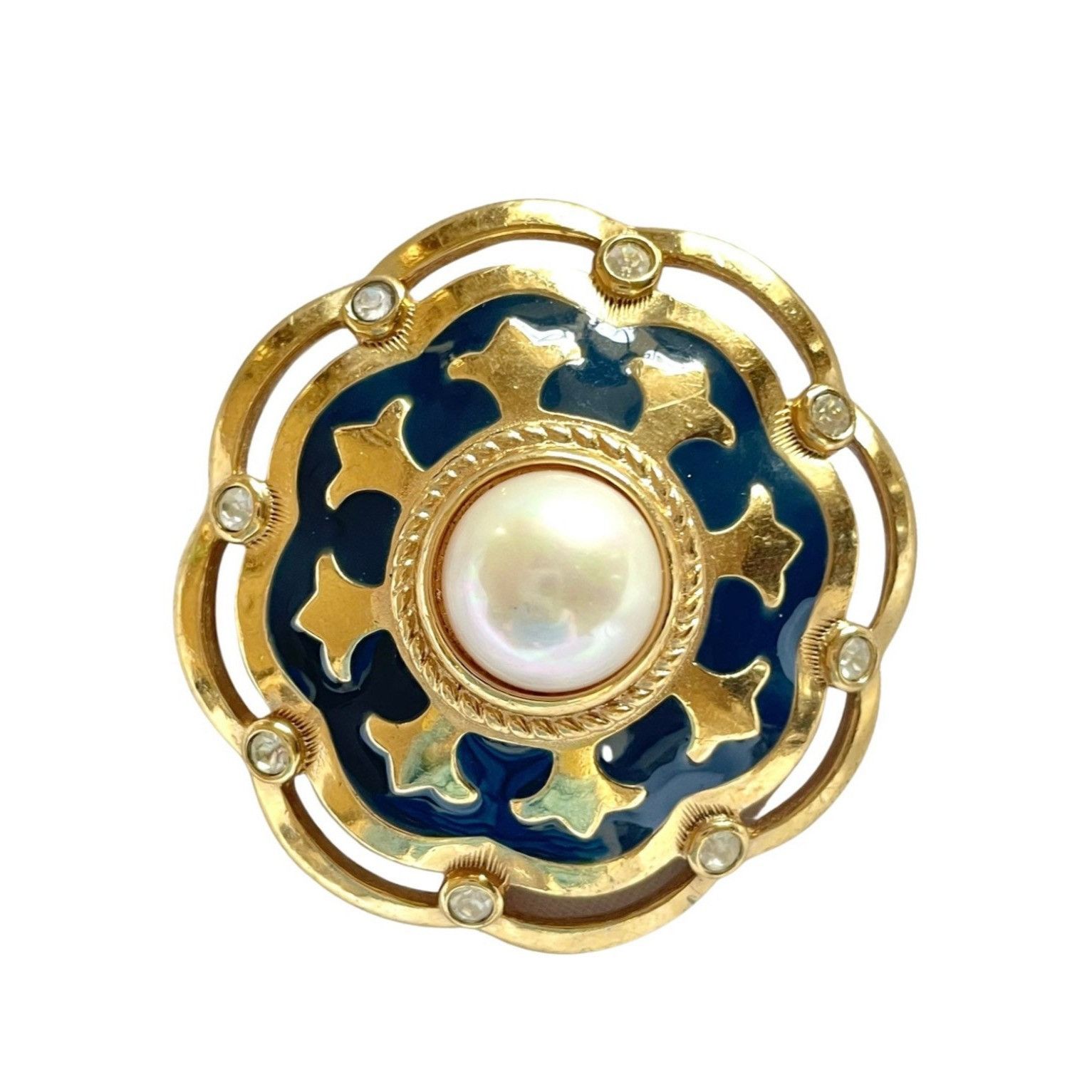 image of Vintage Burberry Faux Pearl, Crystal Stone Gold Brooch, Women's