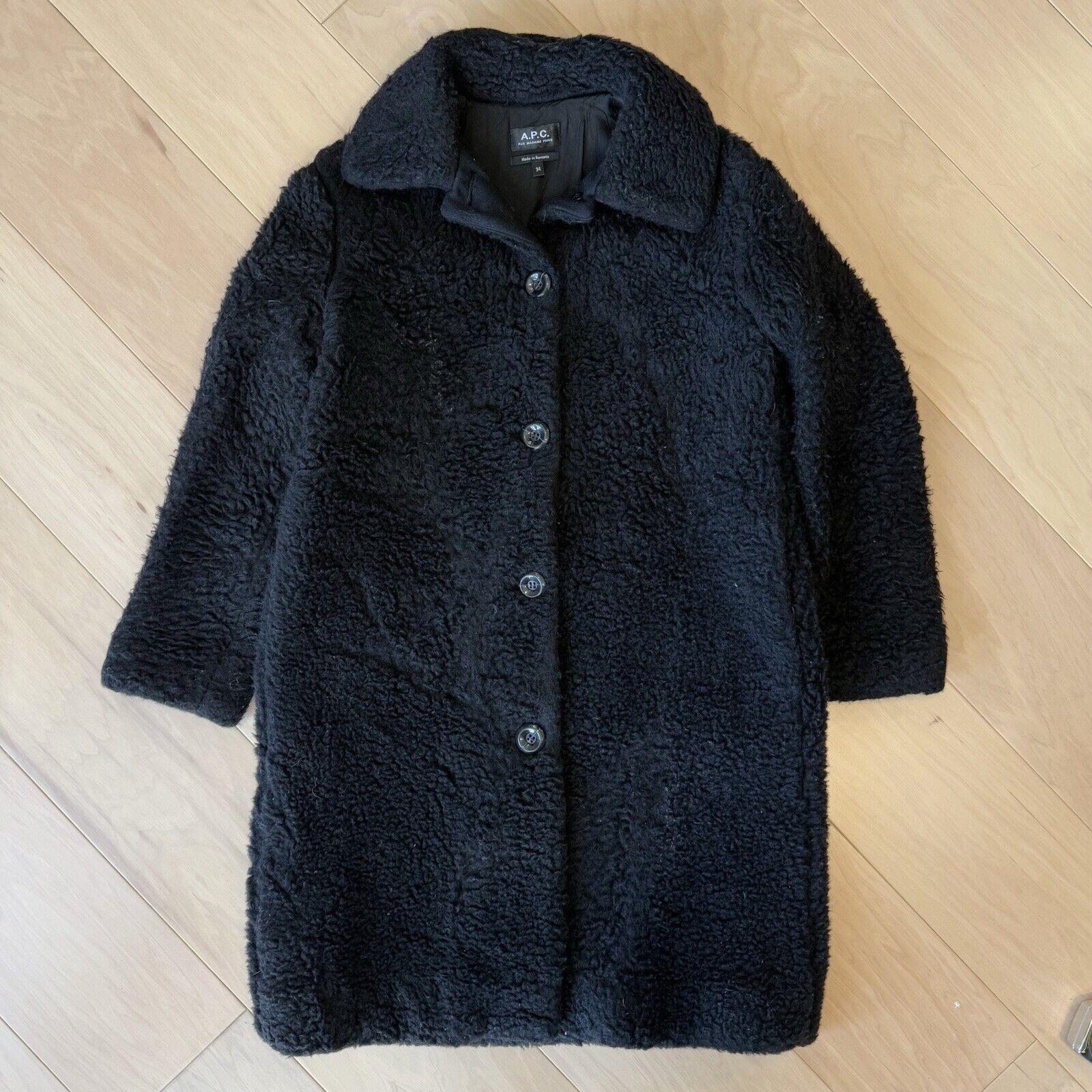 A.P.C. APC Shearling Jacket 34 Black Wool Cotton Long Tench Sherpa Size US M / EU 48-50 / 2 - 2 Thumbnail