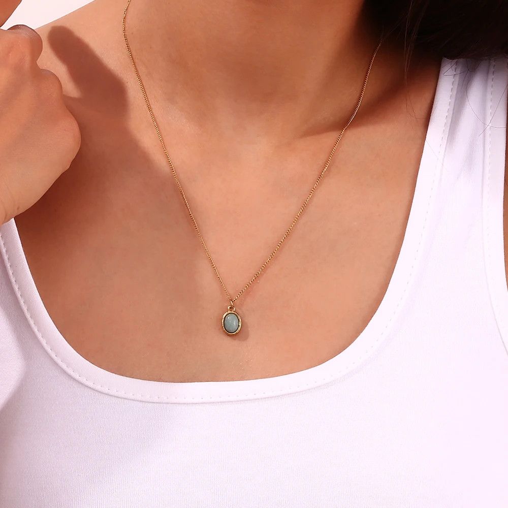 Jewelry × Vintage Figaro Chain Oval Natural Amazonite Stone Size ONE SIZE - 2 Thumbnail