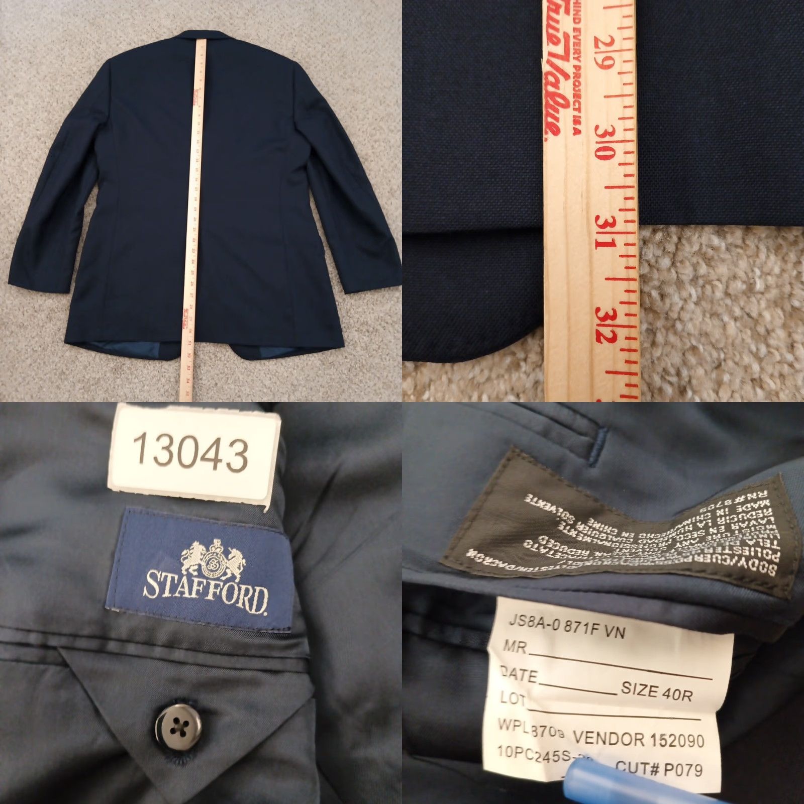 Stafford Stafford Blazer Mens 40 Solid Blue Wool Blend Two-Button Single Vent Jacket Coat Notch Lapel 2 Piece Regular Mens Size 40R - 8 Thumbnail
