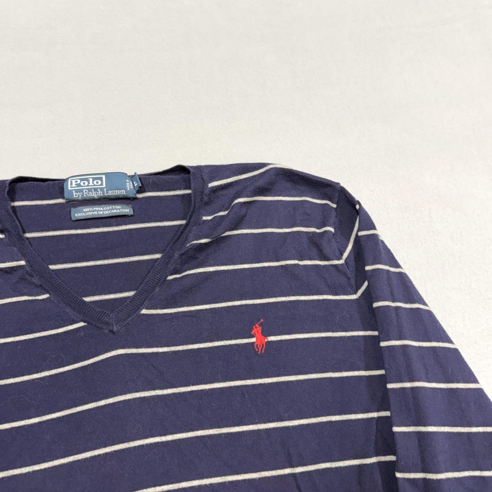 Polo Ralph Lauren Polo Ralph Lauren Sweater Mens Large Blue V Neck Stripe Knit Pullover Pony Logo Size US L / EU 52-54 / 3 - 2 Thumbnail