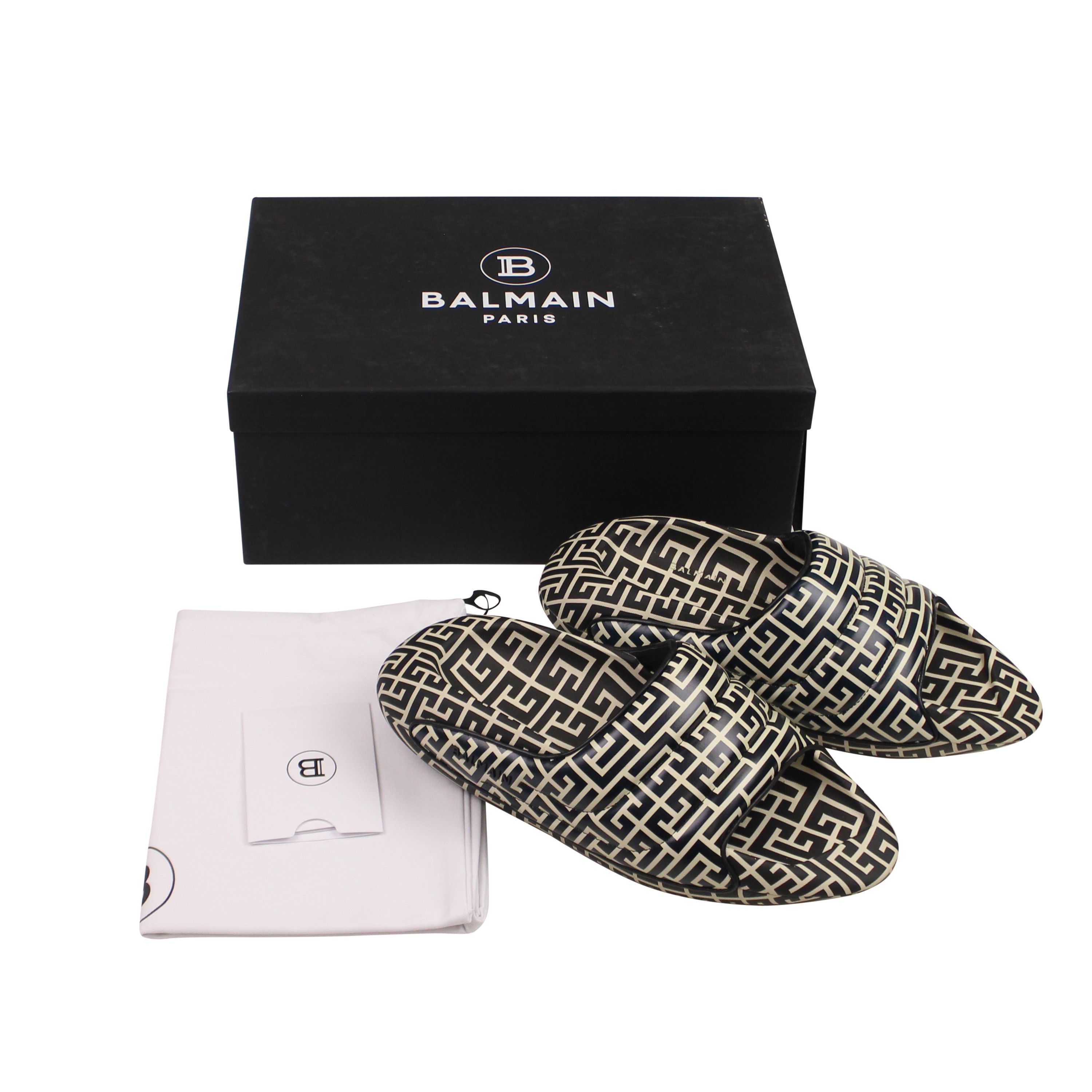image of Balmain Black/white Quilted Calfskin Leather Monogram B-It Mule Shoess Size 42 Shoes, Men's