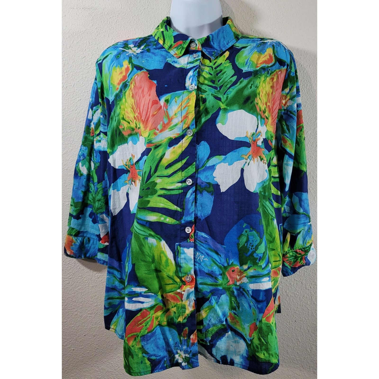 Other Allison Daley Blue Green Orange Floral Button Up Top 16 Soft Size XXL / US 16-18 / IT 52-54 - 1 Thumbnail