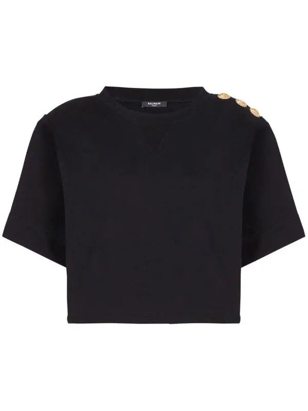 Balmain o1s1wg110725 Button Detail Cropped Sweatshirt in Black Size L / US 10 / IT 46 - 1 Thumbnail