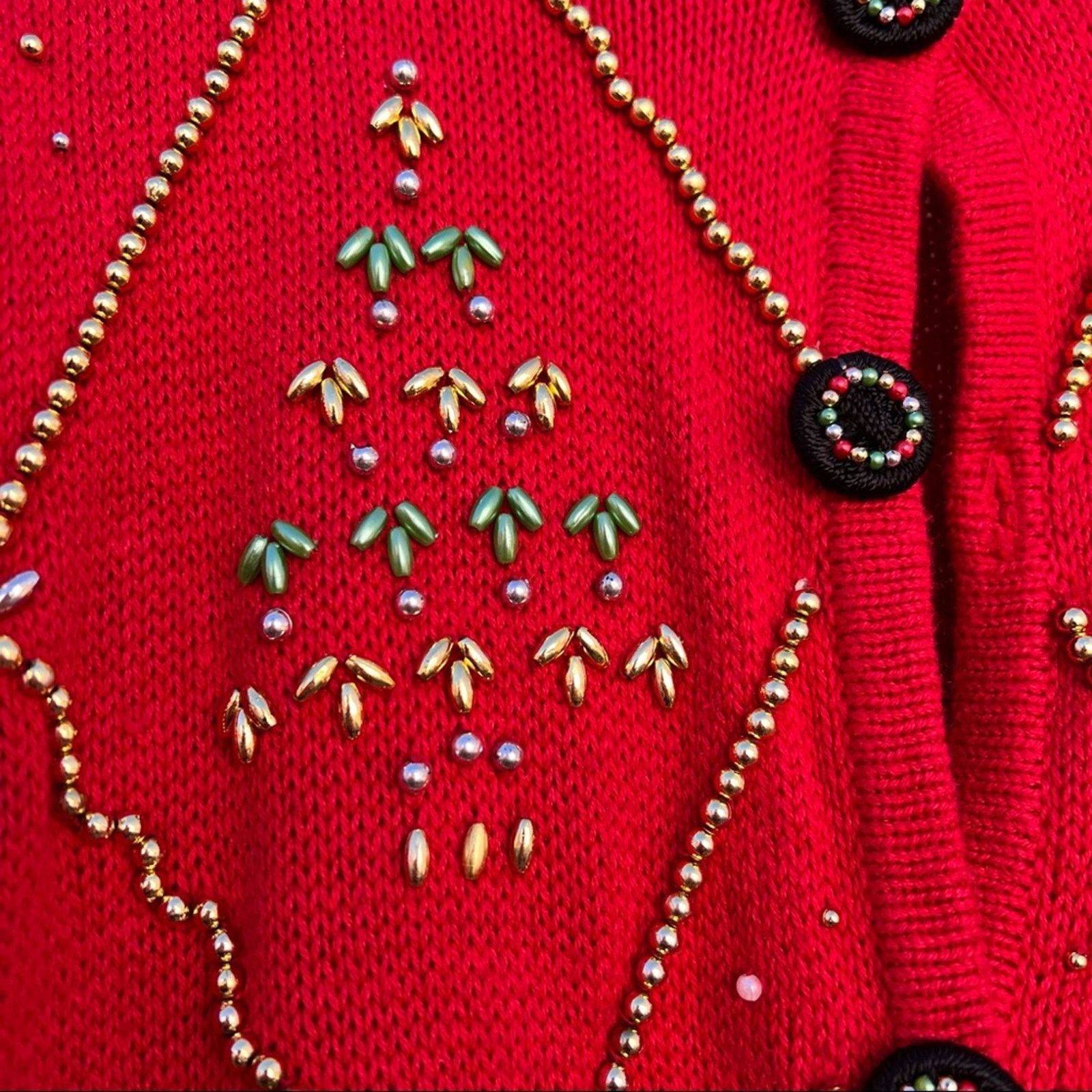 Vintage 90s red button down Ugly Christmas cardigan beaded trees Size XXL / US 16-18 / IT 52-54 - 3 Thumbnail
