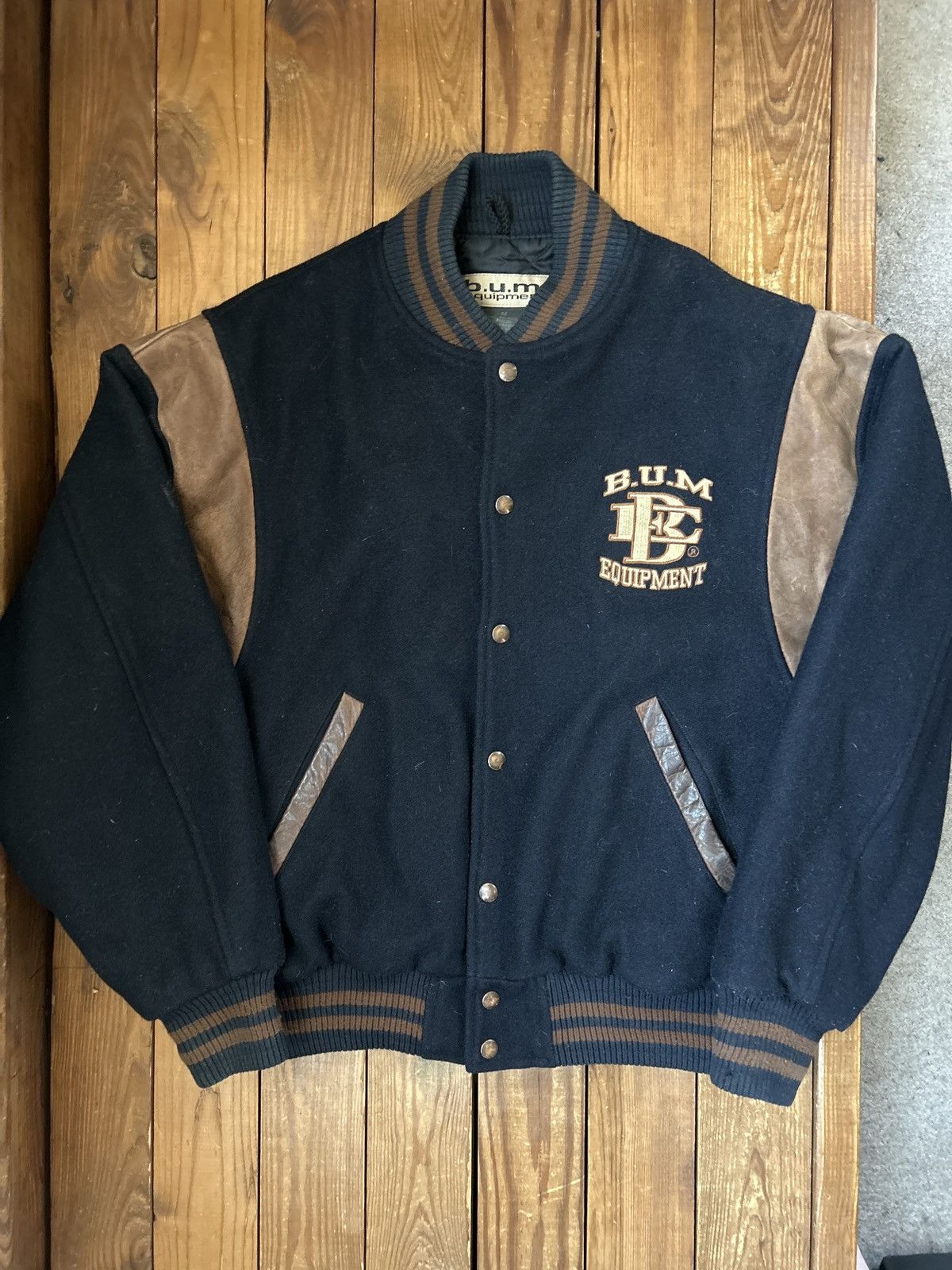 B.U.M Equipment × Vintage Vintage 90s BUM Equipment Black Brown Wool Varsity Jacket Size US M / EU 48-50 / 2 - 1 Thumbnail