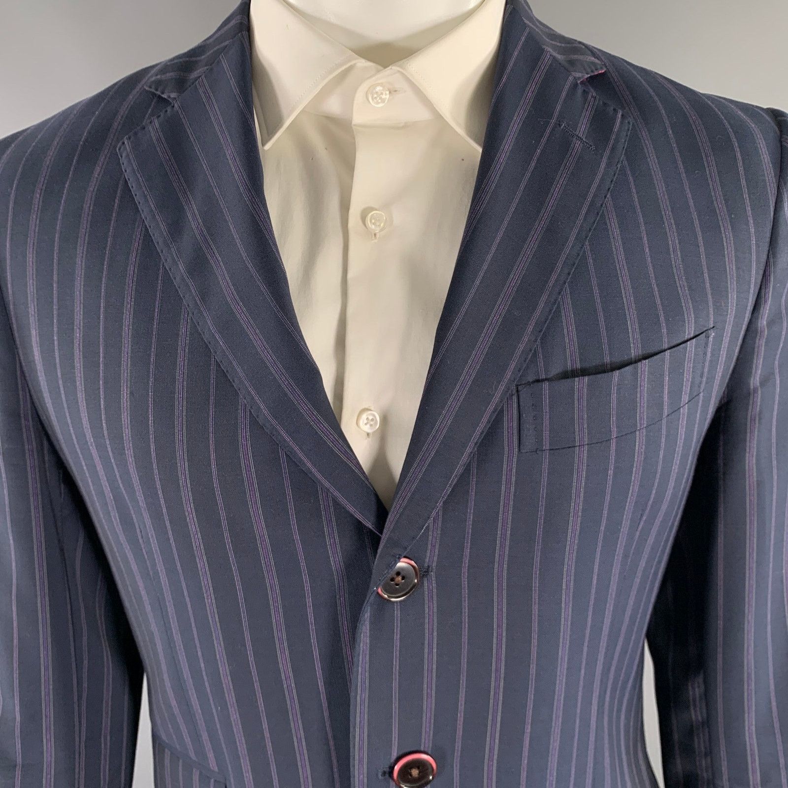 Etro ETRO Size 38 Navy Purple Pinstripe Wool Notch Lapel Suit Size 38R - 2 Thumbnail