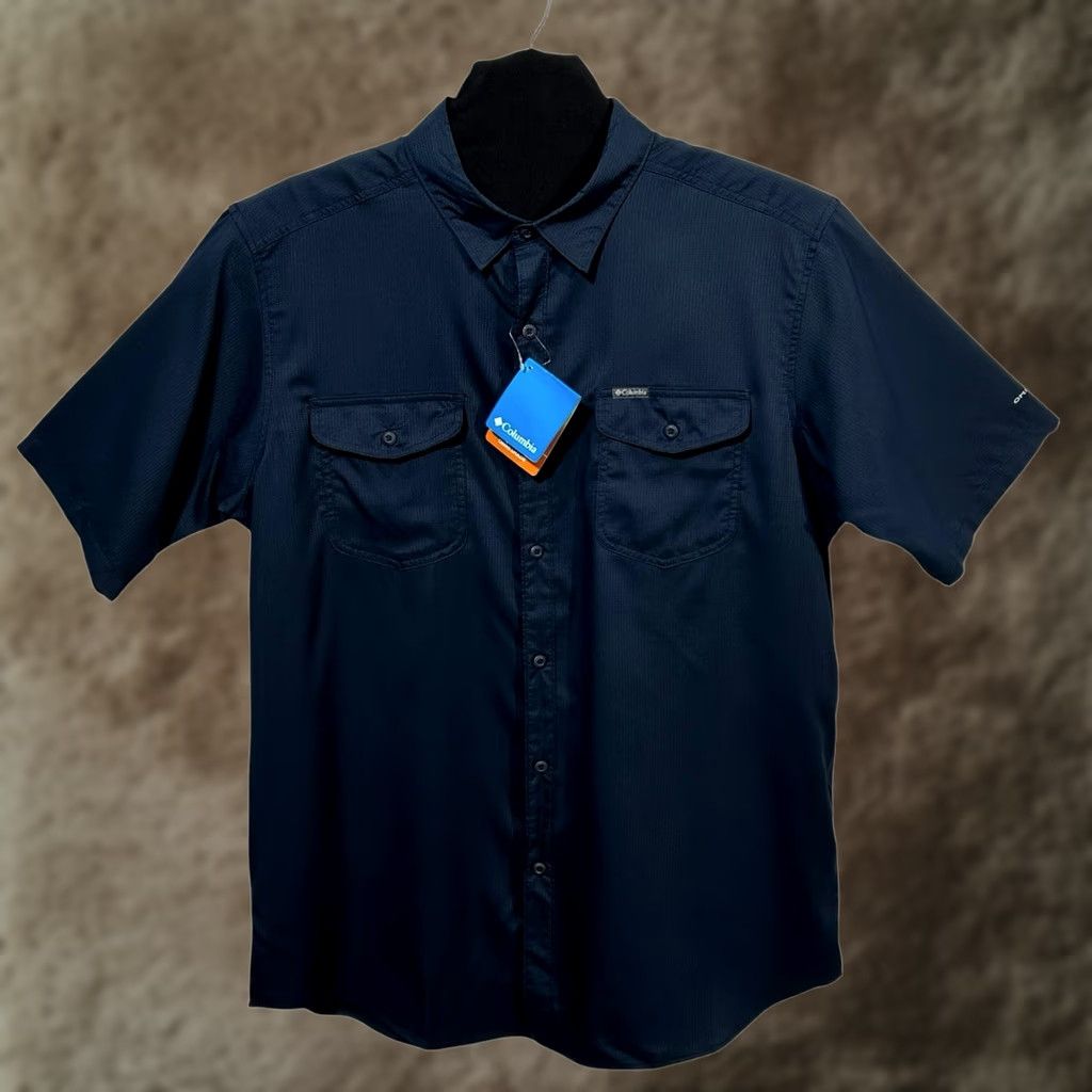 Vintage Columbia Button-Up Shirt Short Sleeve Solid Blue L Mens Utility ...