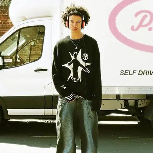 image of Vintage Japanese Style Punk Sweater in Black, Men's (Size Large)