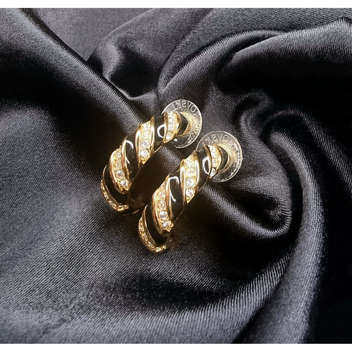 Swarovski Vintage Swarovski 1980's Black Gold-Tone Crystal Hoop Earrin Size ONE SIZE - 3 Thumbnail