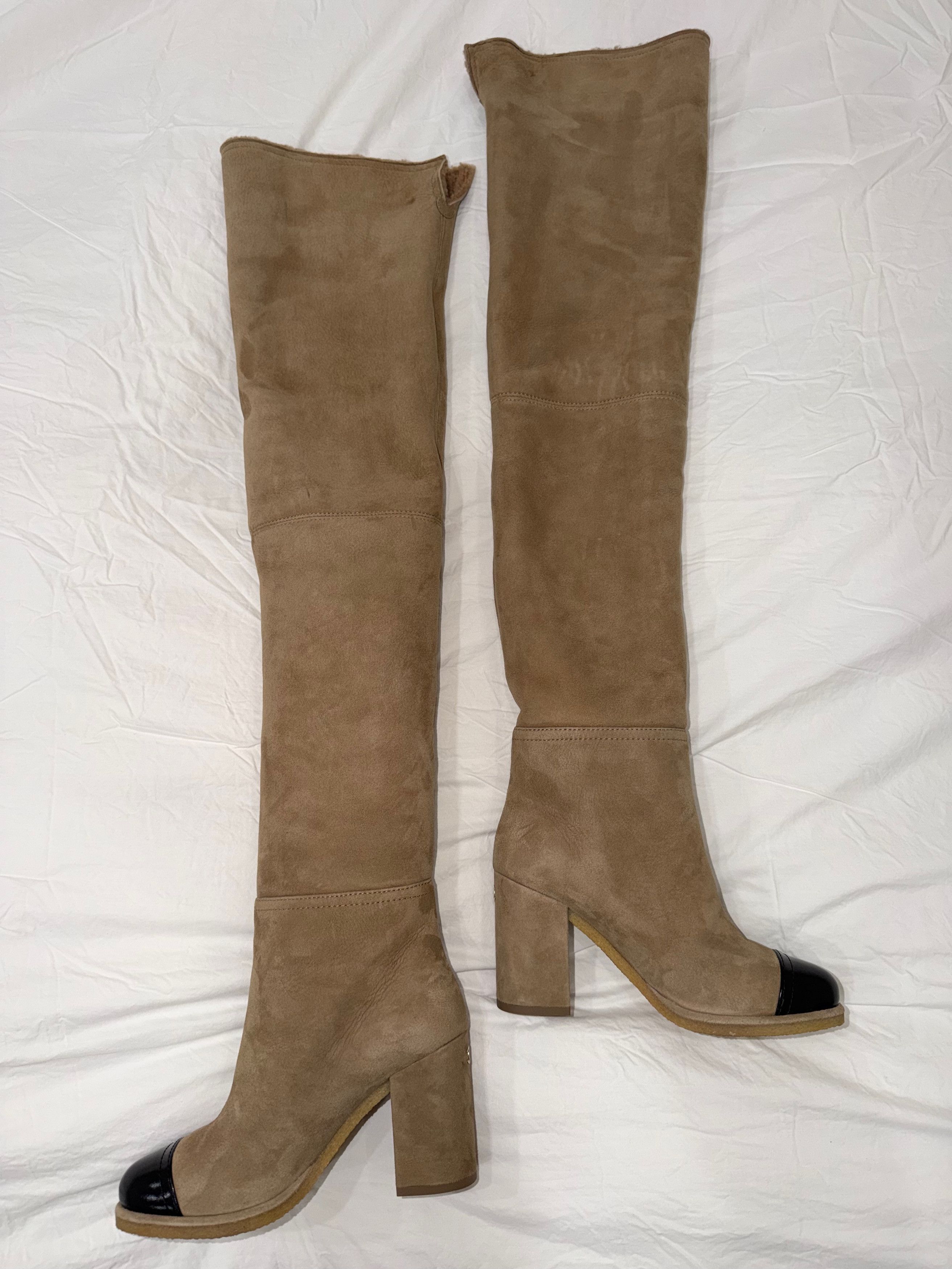 Chanel 24K Suede Shearling Fur Thigh High OTK Block Heel Boots 37 Size US 7 / IT 37 - 11 Thumbnail