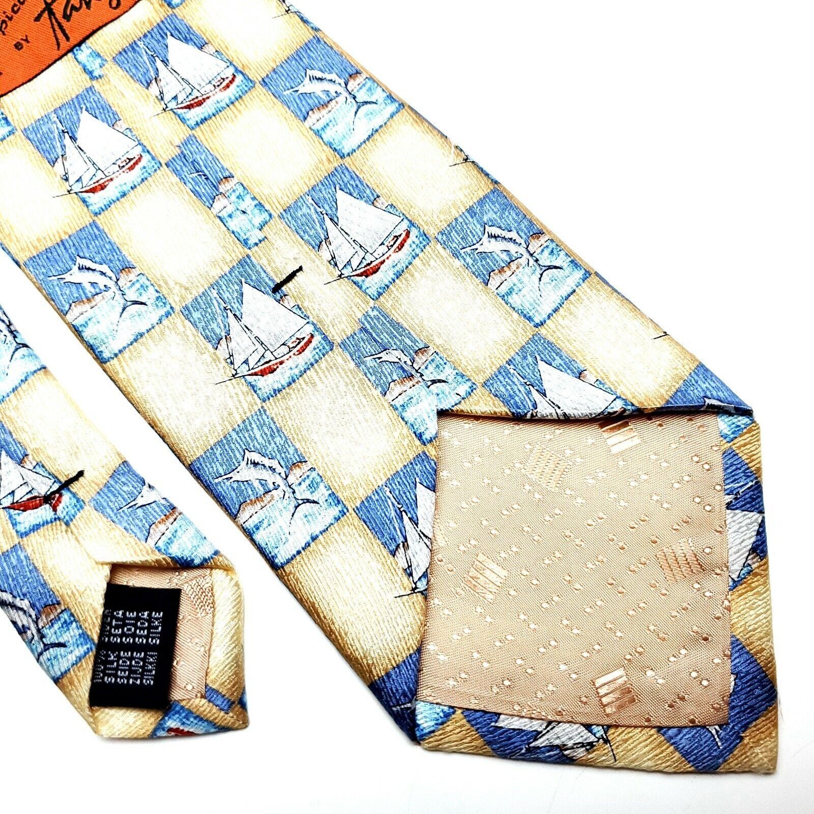 Vintage Tango Silk Tie Print Yellow Blue Wide Sailboat Fish Novelty Size ONE SIZE - 5 Thumbnail