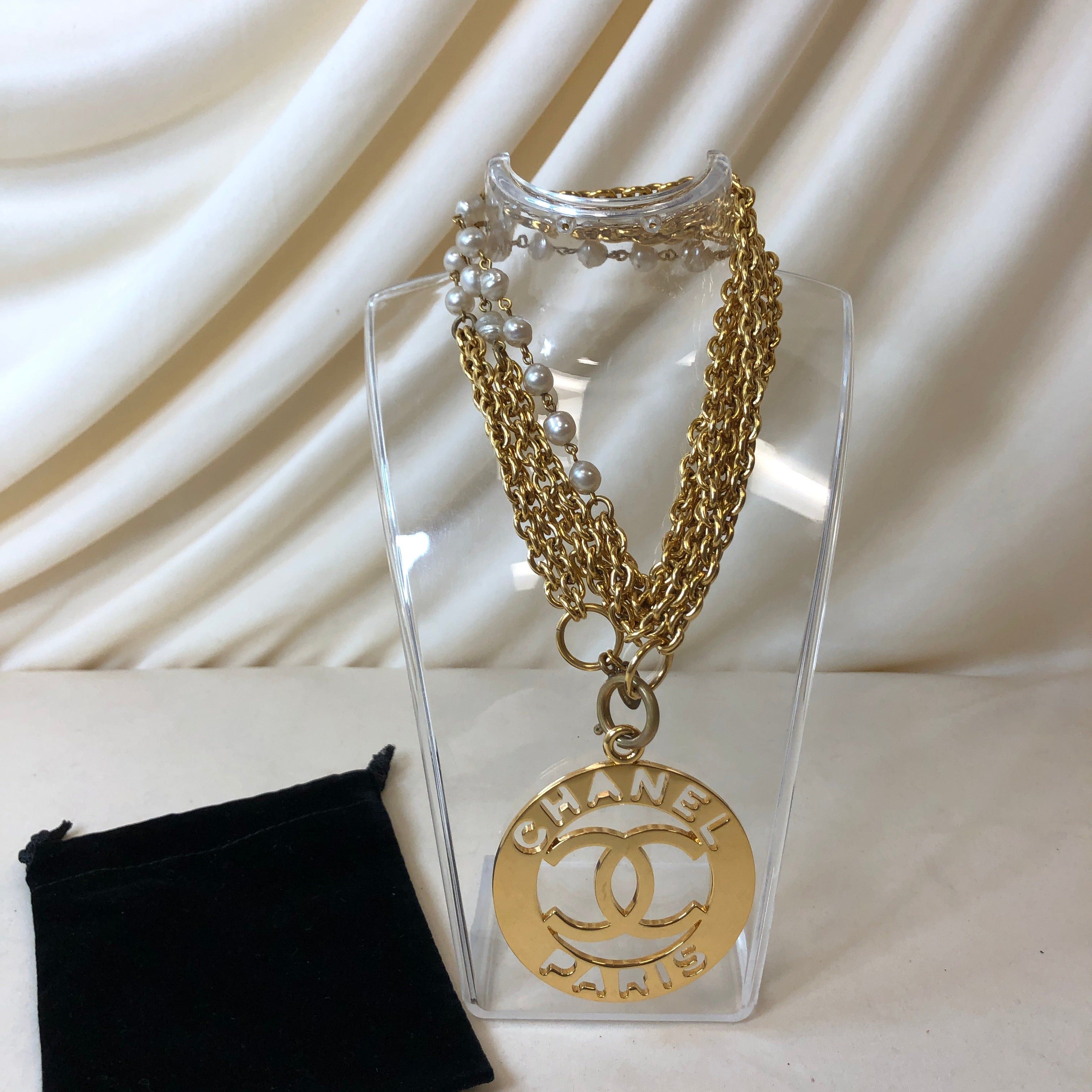 image of Chanel Gold Pearl Cc Cutout Necklace Sku 62966, Women's