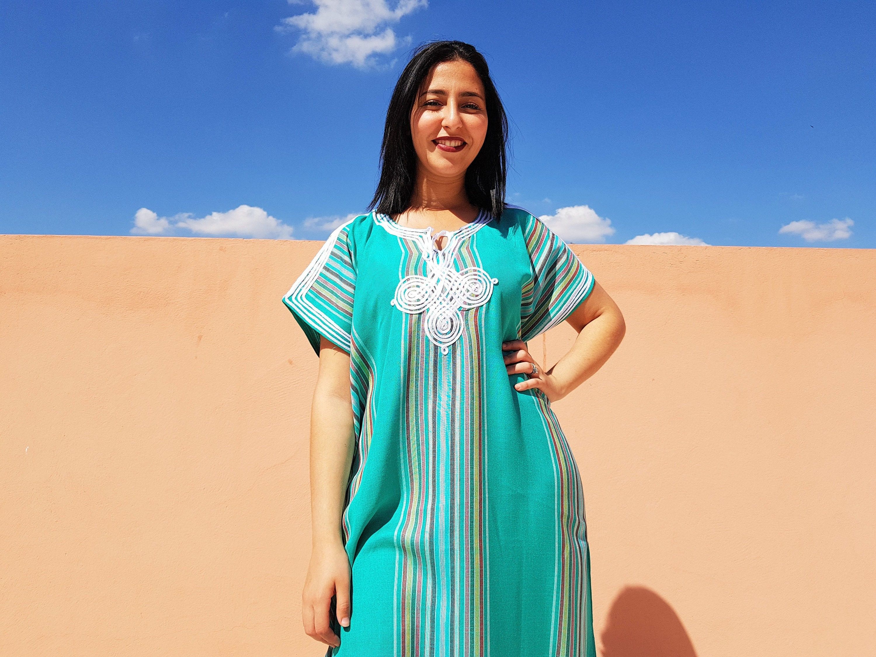 Designer × Handmade Cute Light Blue Moroccan Kaftan Size ONE SIZE - 4 Thumbnail