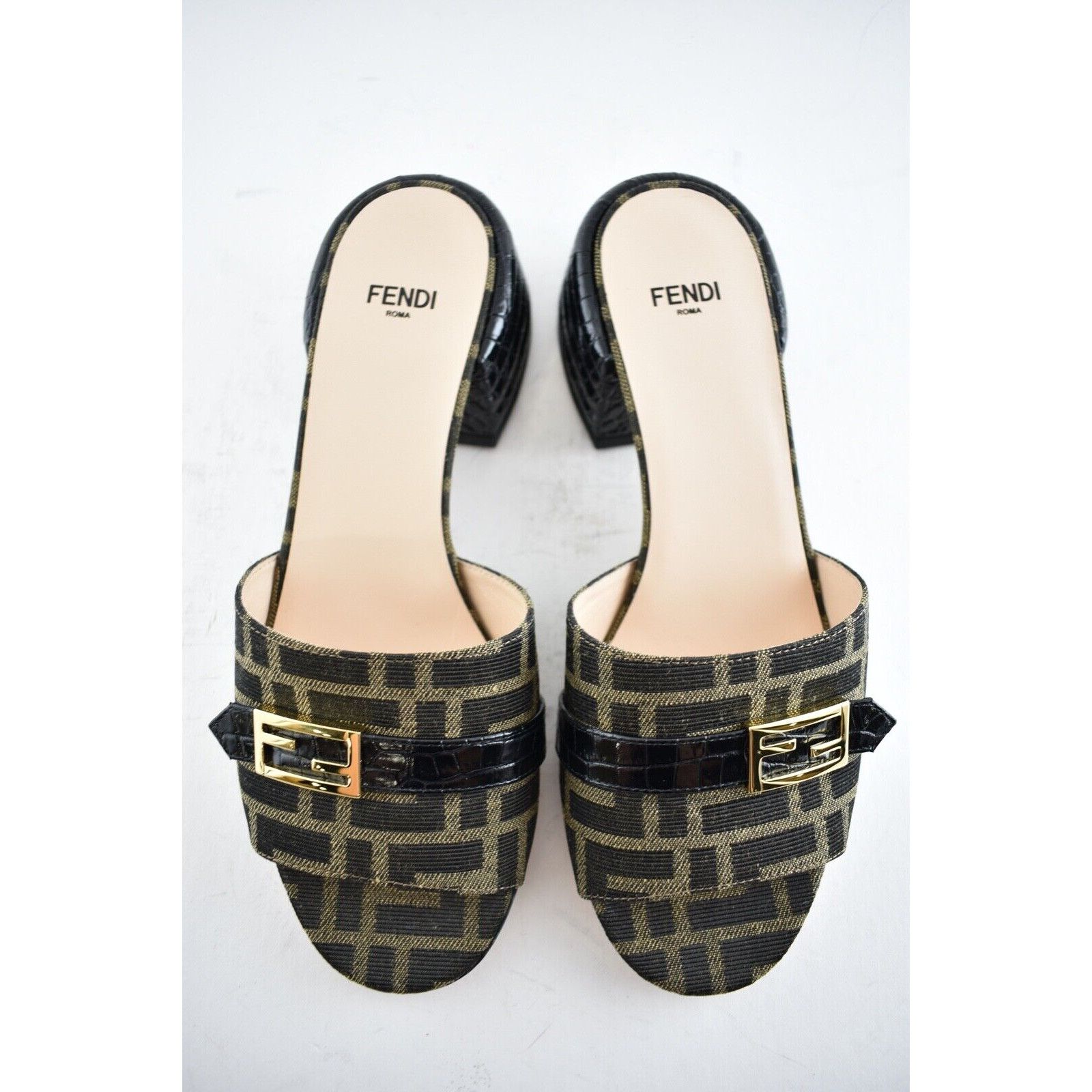 Fendi FF Monogram Backless Sandal Block Heel Mule Slide Pump 37 Size US 7 / IT 37 - 8 Thumbnail