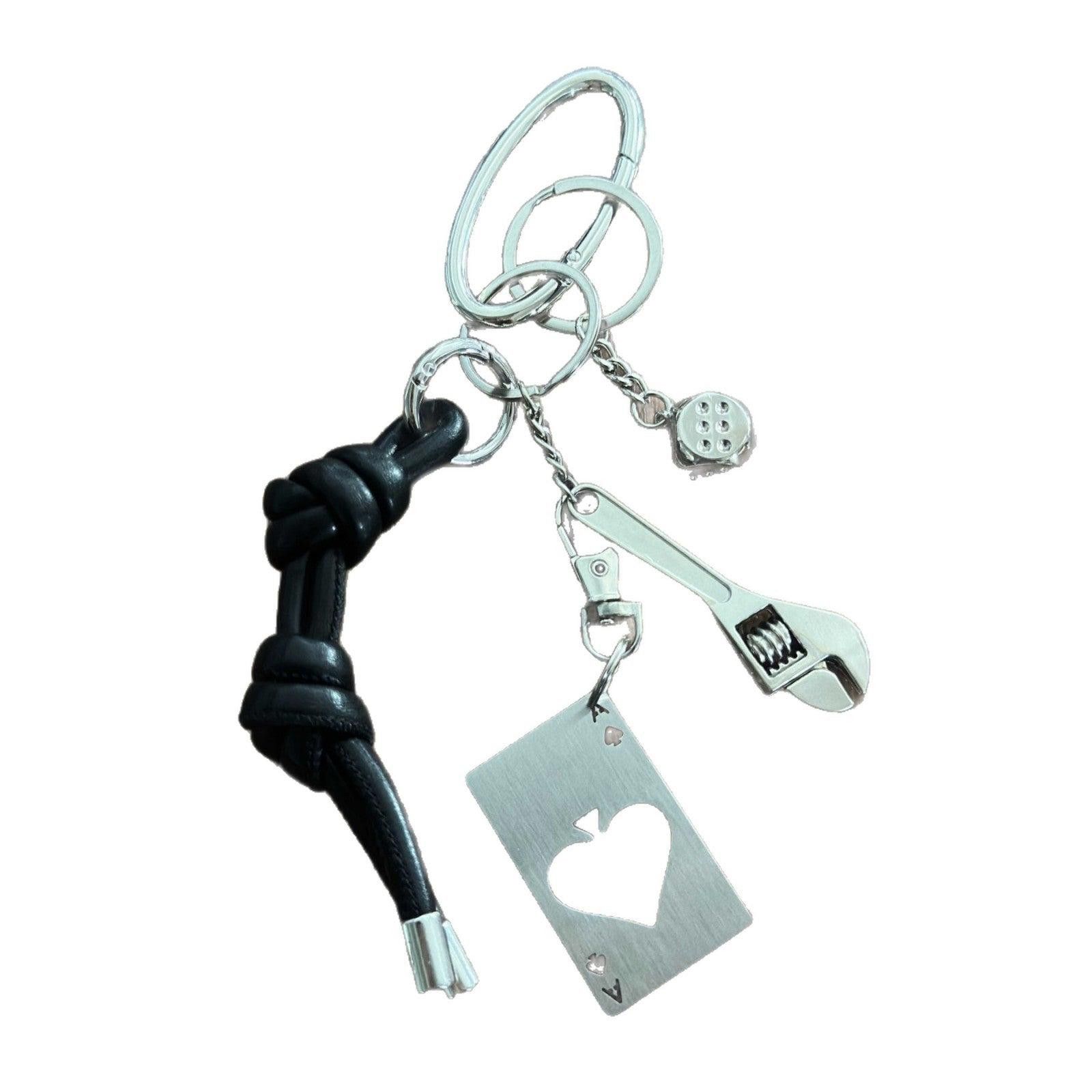 Jewelry Black Leather Knot Keychain with Metal Wrench & Dice Charms Size ONE SIZE - 5 Thumbnail