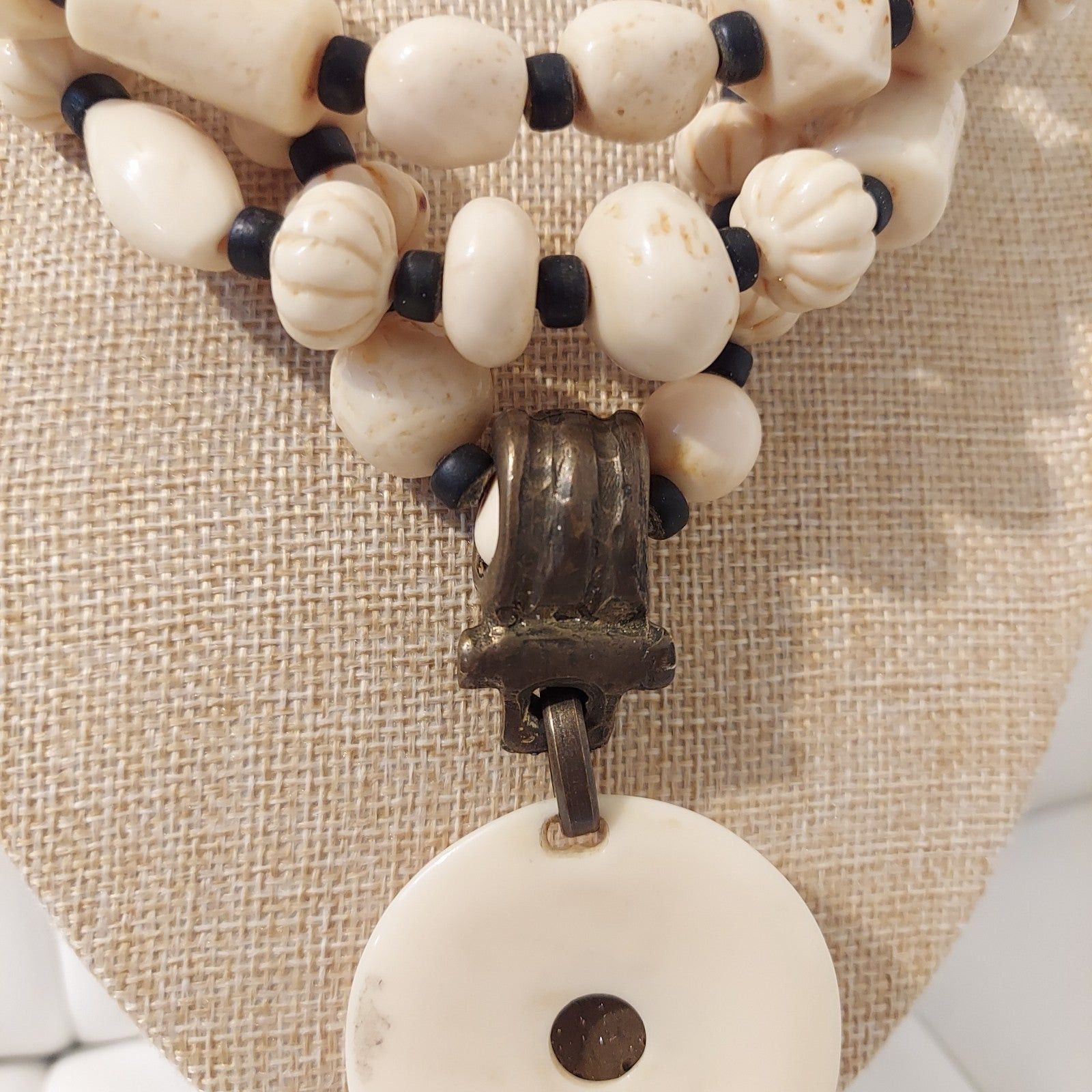 Vintage Antique Handmade Beige Beaded Bronze 20" Statement Necklace Size ONE SIZE - 2 Thumbnail