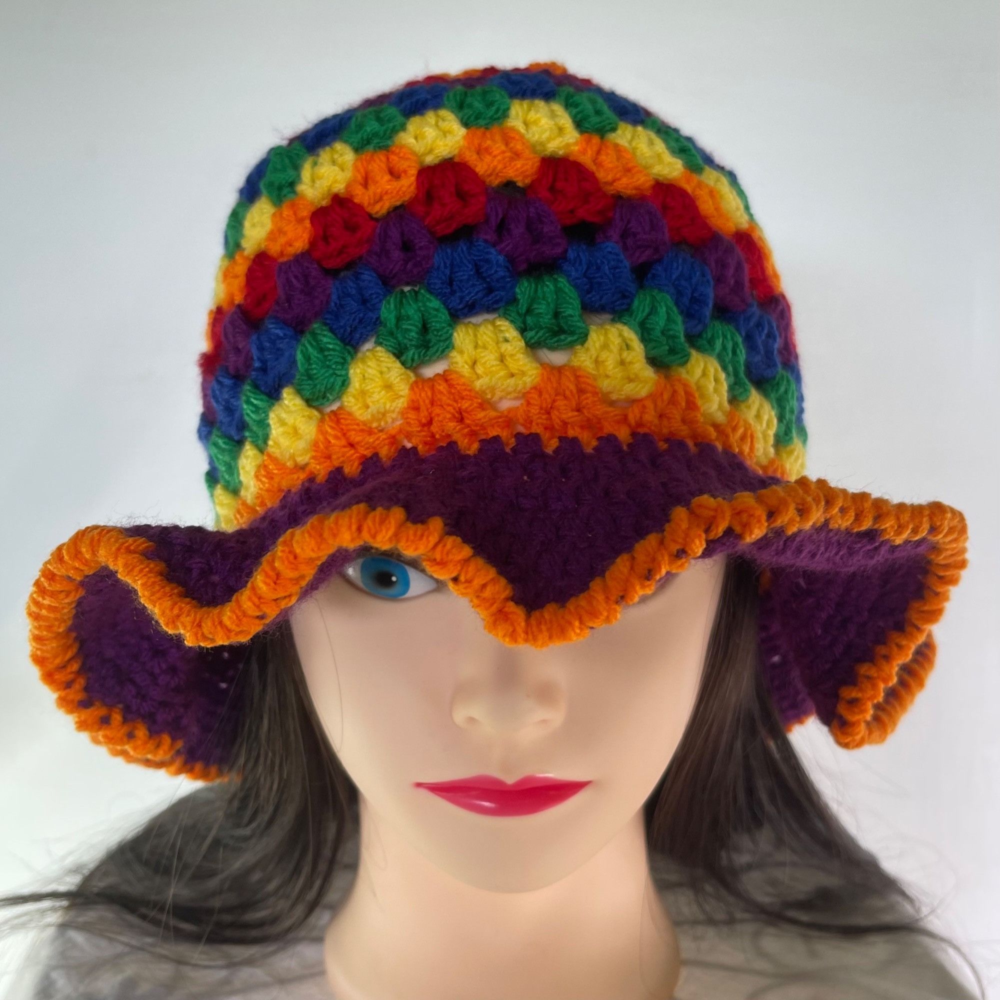 Handmade Crochet Bucket Hat Granny Square Pattern Rainbow Colors Tall Size ONE SIZE - 1 Thumbnail