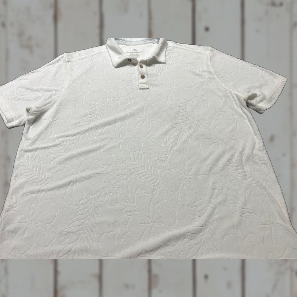 Tommy Bahama Tommy Bahama Polo Shirt 2XL White Short Sleeve Terry Poolside Hibiscus Button Collar Mens Size US XXL / EU 58 / 5 - 1 Thumbnail