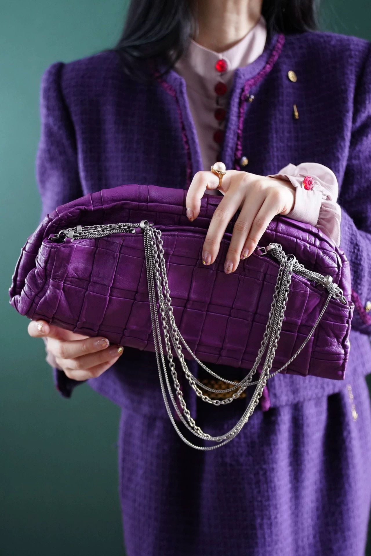 Versus Versus Purple Checkered Multi-Chain Leather Clutch Italy Size ONE SIZE - 1 Thumbnail