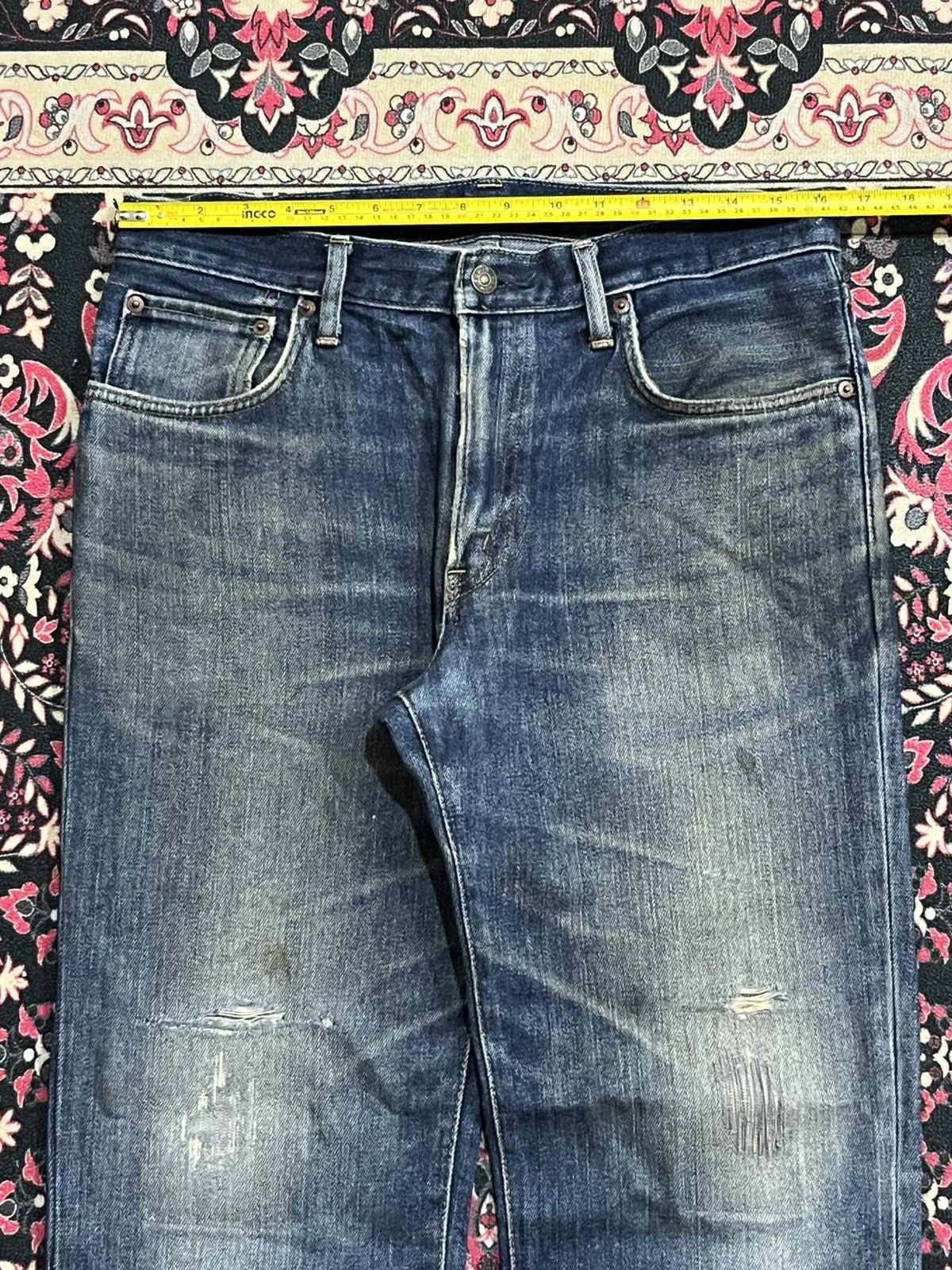 Edwin Edwin 503 Dark Blue Faded Washed Repaired Knee Straight Jean Size US 31 - 13 Thumbnail
