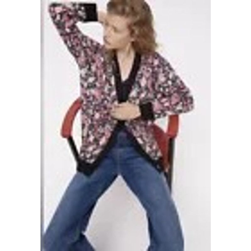 Zara Black Pink Floral Jacquard Knit Cardigan Sweater