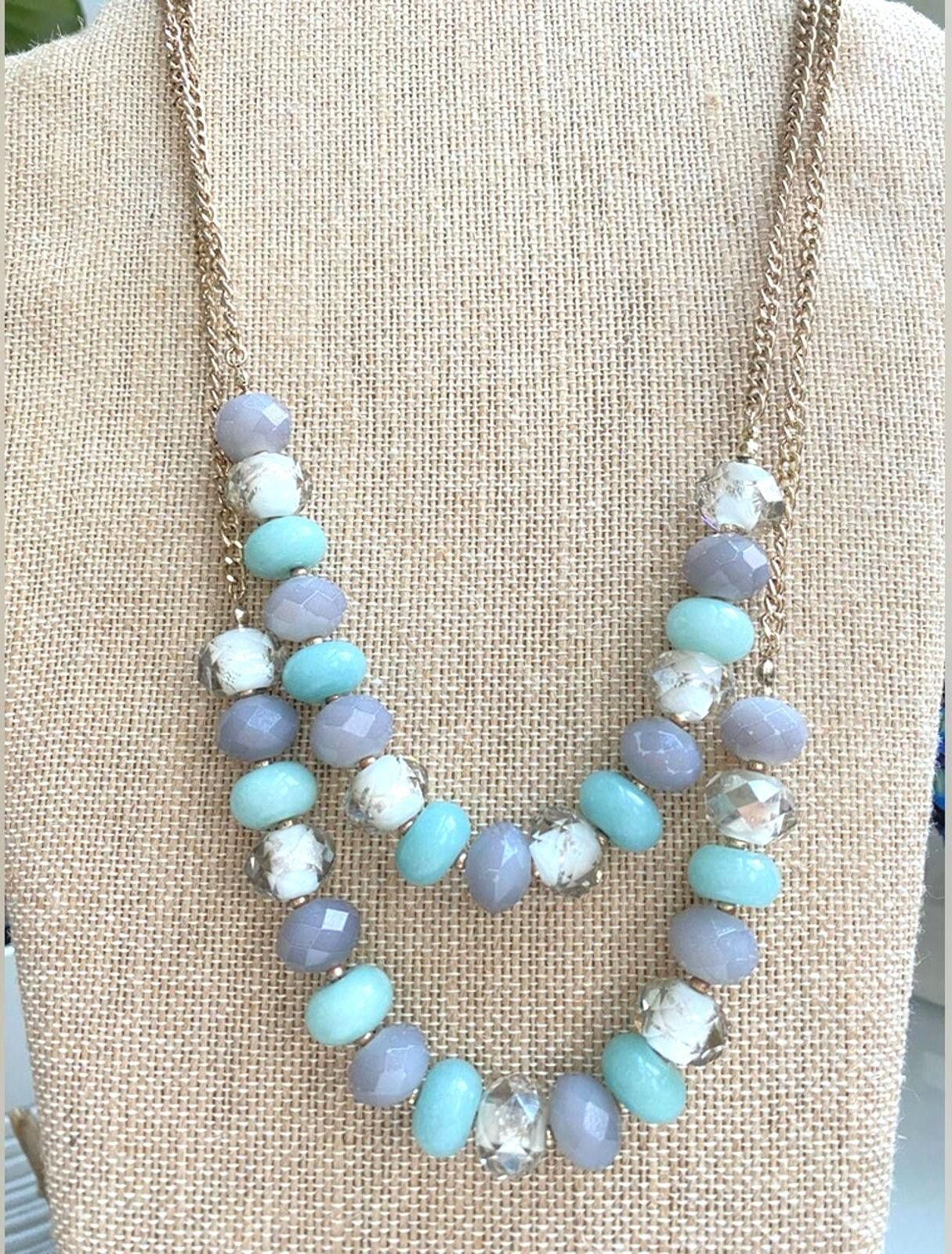 Other LOFT Beaded Necklace Aqua Gray Gold Chain Size ONE SIZE - 2 Thumbnail