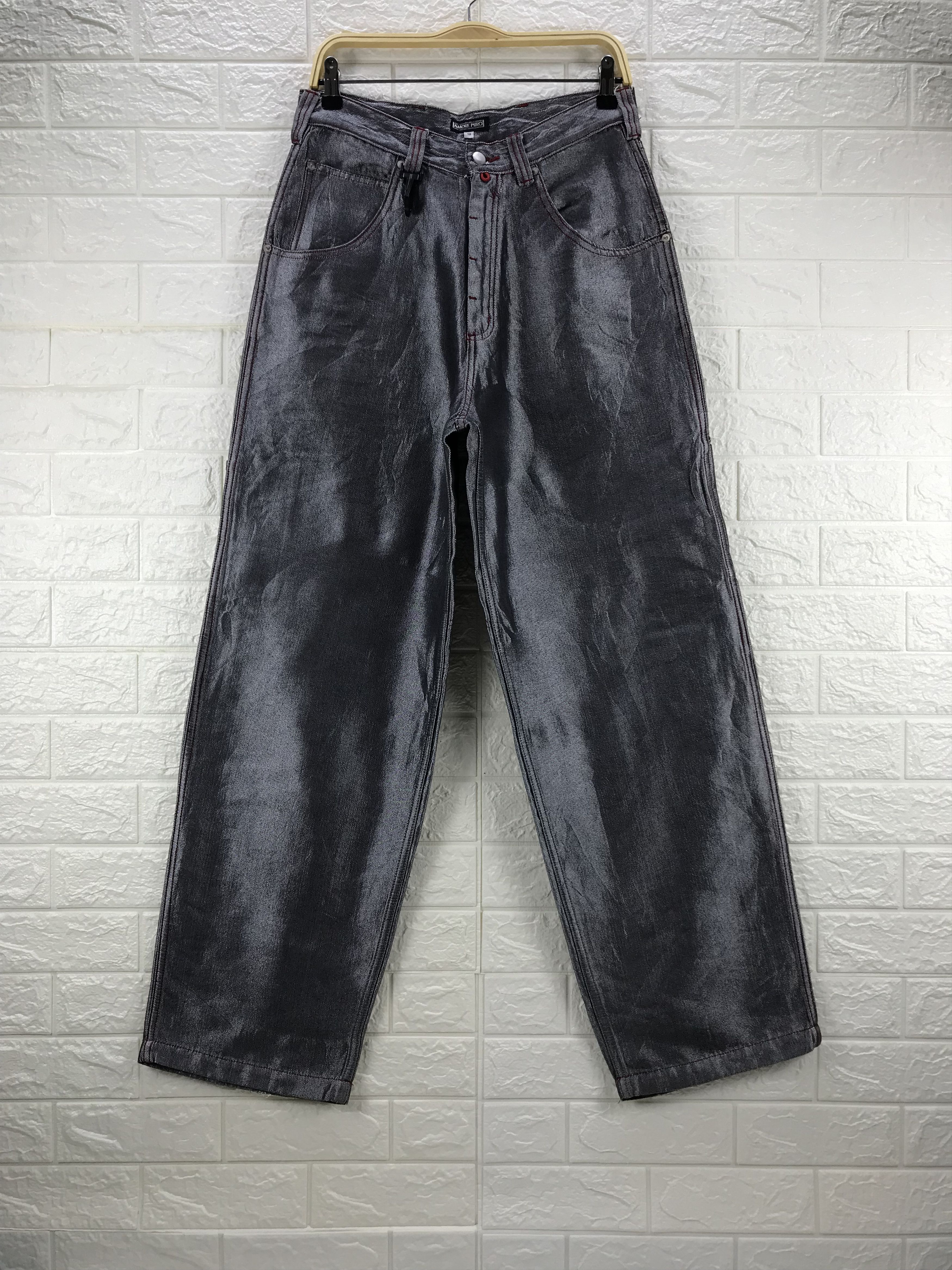 Japanese Brand Baggy Jeans Amore Puro Multi Pocket Glossy Grey Wide Denim Size US 31 - 5 Thumbnail
