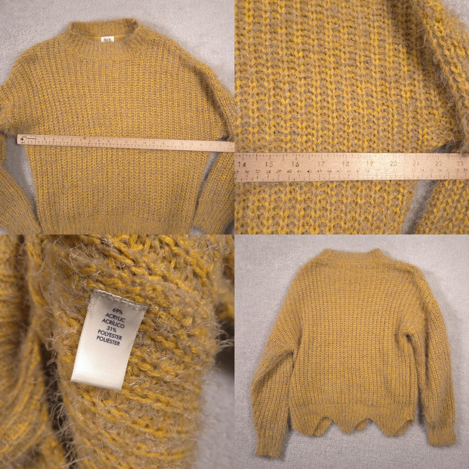 BKE BKE Sweater Womens Small Mustard Yellow Crew Neck Fuzzy Chunky Knit Scallop Hem Size S / US 4 / IT 40 - 8 Thumbnail