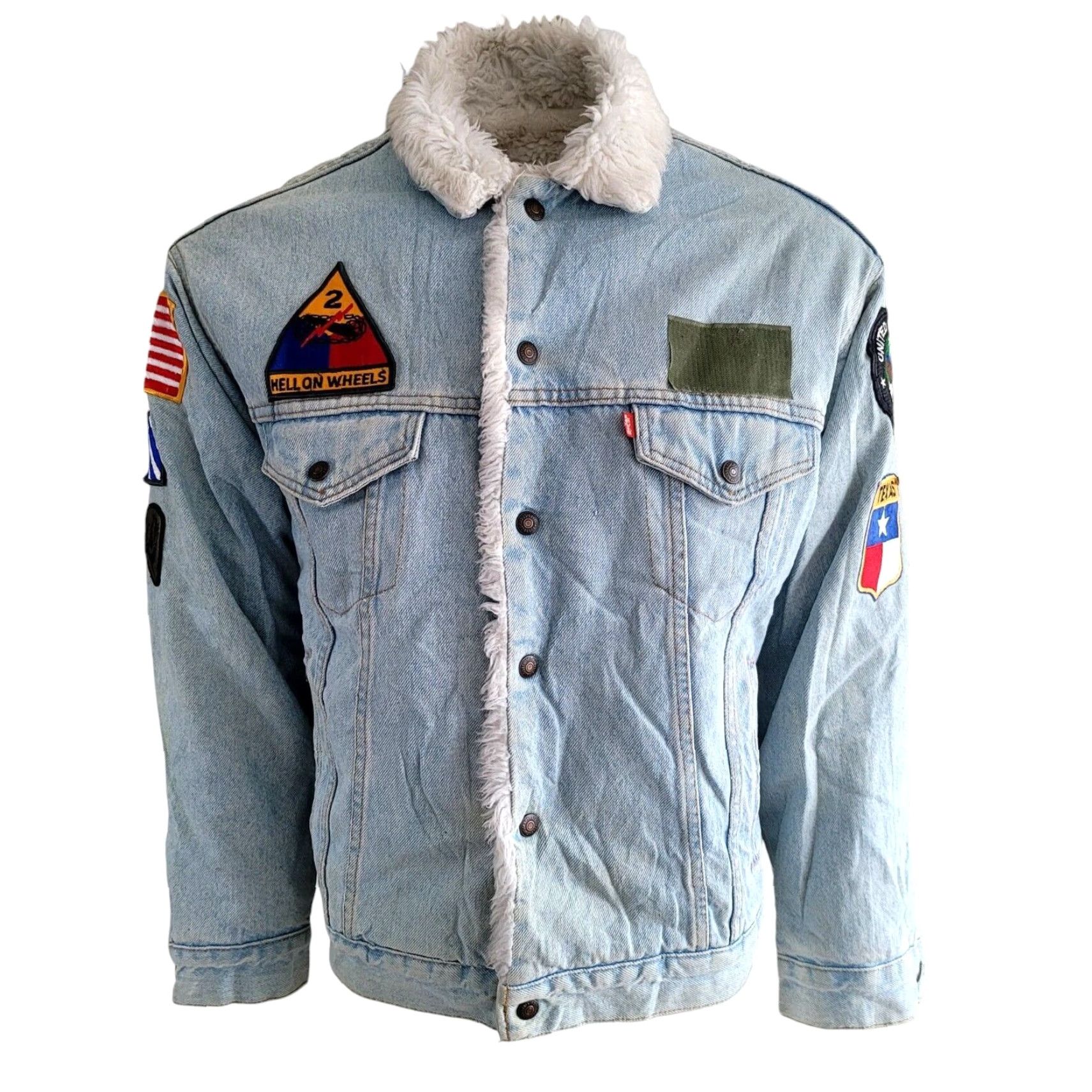 Levi's Levi's Sherpa Trucker Jacket M - Made in USA - Black Denim - Military Patchwork - Hell on Wheels Infantry - Men’s Jacket Size US M / EU 48-50 / 2 - 2 Thumbnail