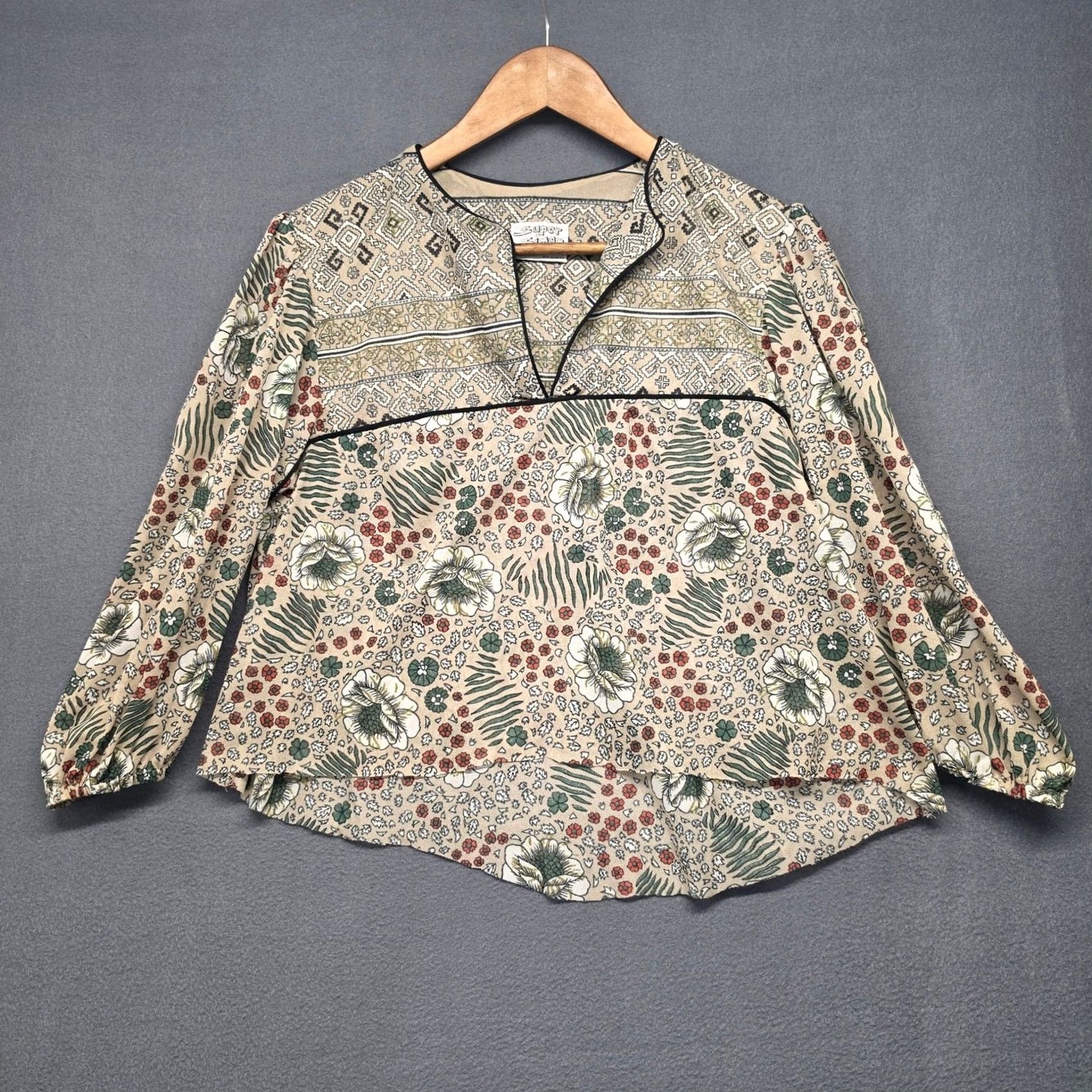 Simons VINTAGE Super Simon Boho Floral Crop Top Womens Medium Blouse Shirt Beige 90s Womens Size M / US 6-8 / IT 42-44 - 2 Thumbnail