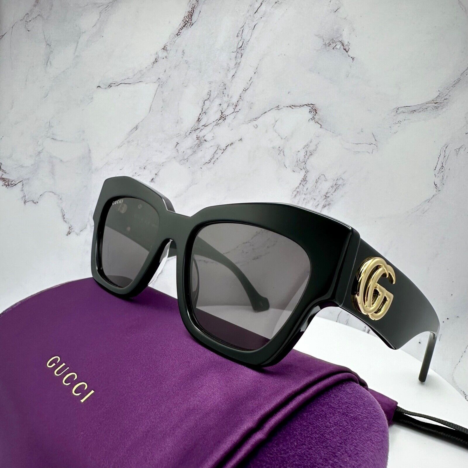 Gucci Gucci Sunglasses Black Cat Eye Gold Interlocking GG Logo Size ONE SIZE - 3 Thumbnail