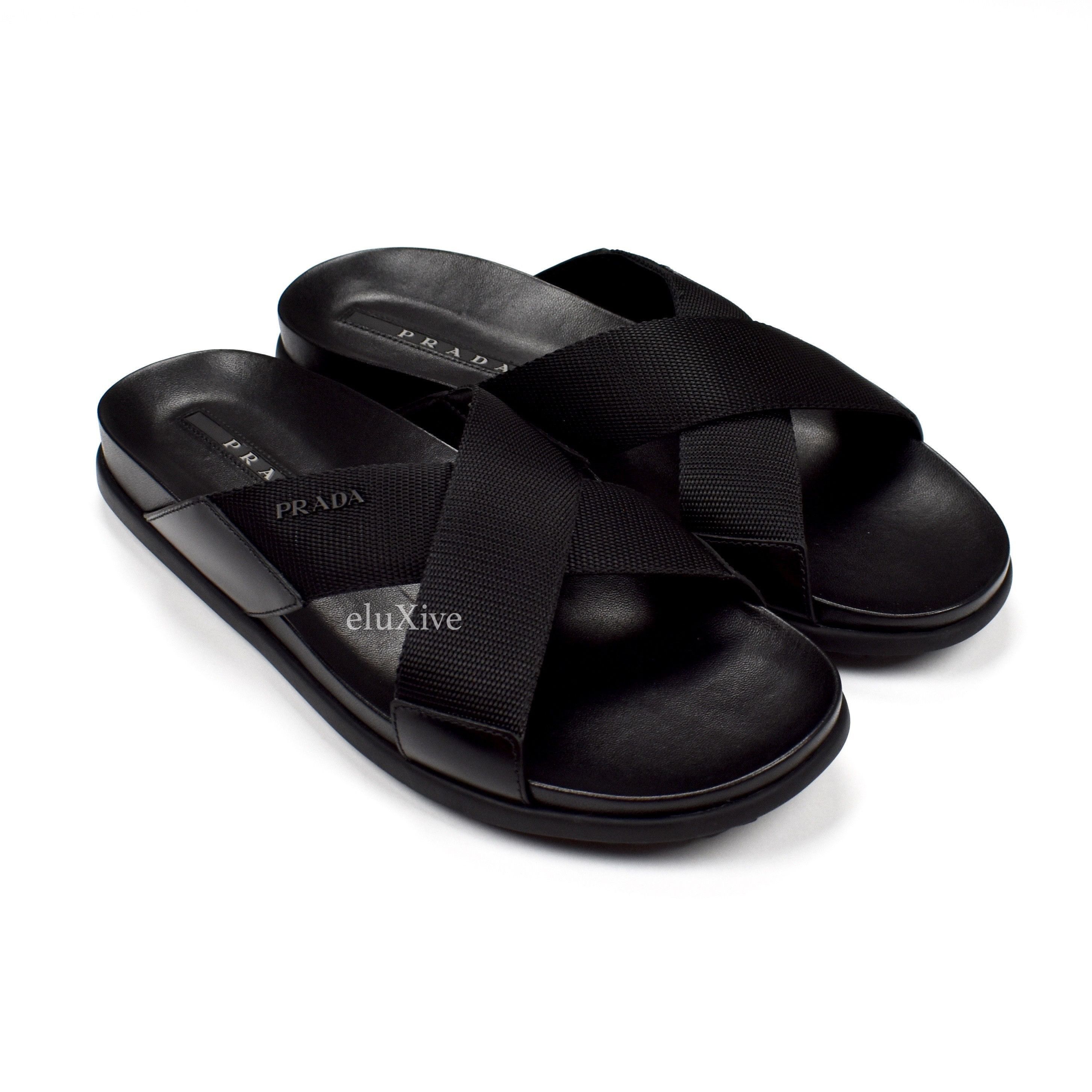 Prada Prada Black Leather Web Strap Logo Sandals NWT Size US 10.5 / EU 43-44 - 1 Preview