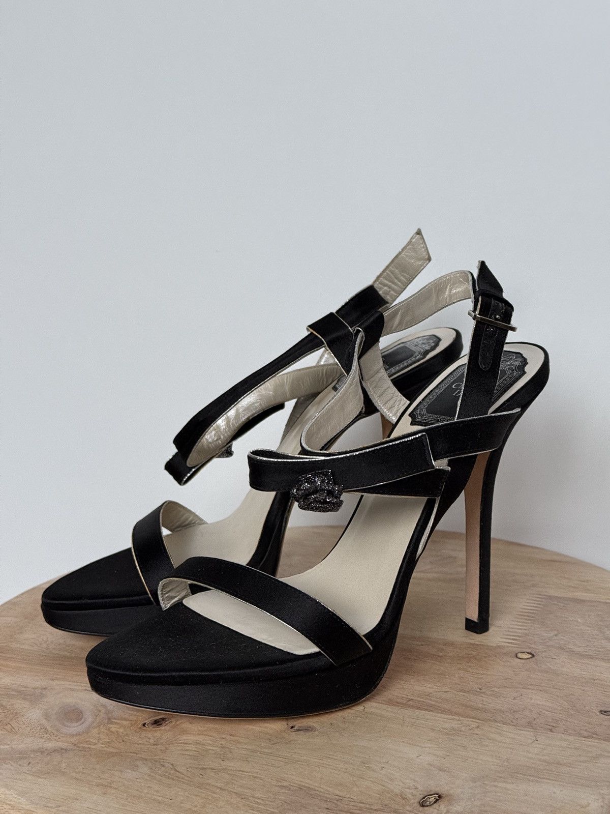 Designer × Dior × Vintage Christian Dior Satin Black Elegant Sandals Ankle Straps Rose Size US 5.5 / IT 35.5 - 2 Thumbnail