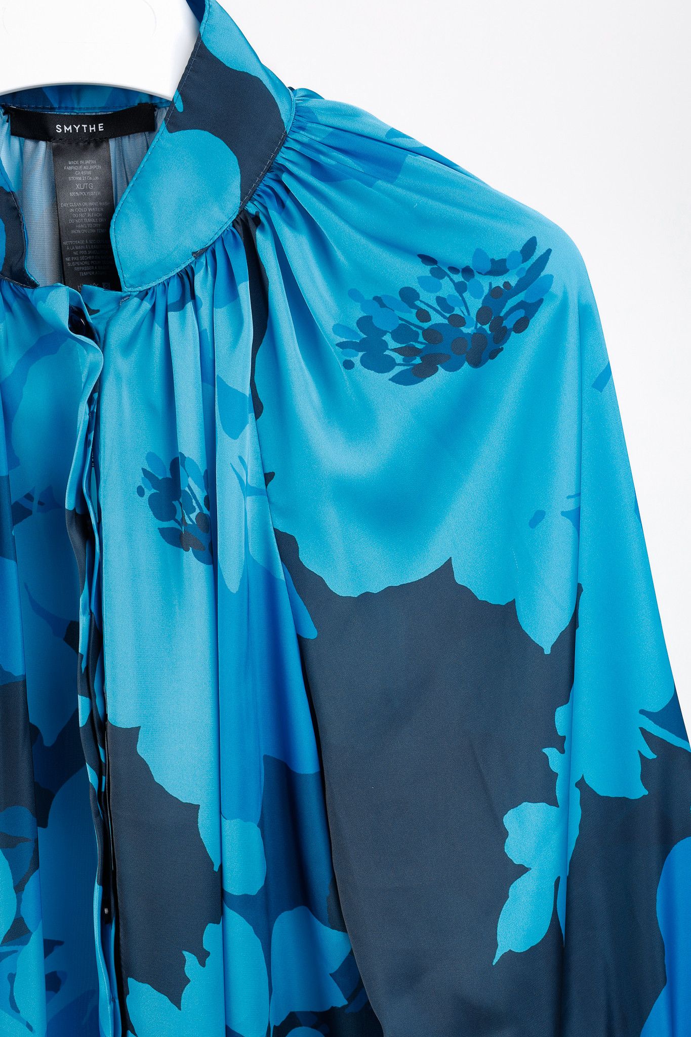 SMYTHE Smythe Cobalt Floral Gathered Satin Blouse Size XL / US 12-14 / IT 48-50 - 5 Thumbnail