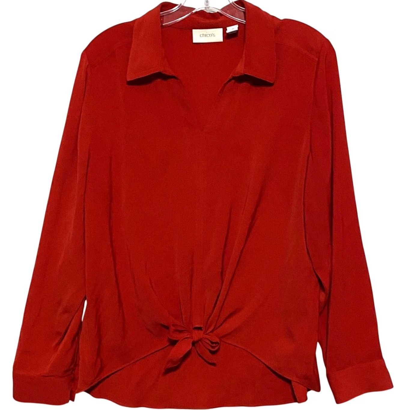 Vintage Chicos Red Long Sleeve Collared Blouse Top Tie Front Office Classic Career Shirt Women M Size M / US 6-8 / IT 42-44 - 2 Thumbnail