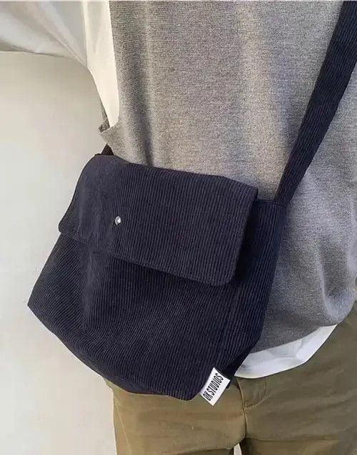 Y2K Corduroy Messenger Bag Shoulder Bag in Black, Men's