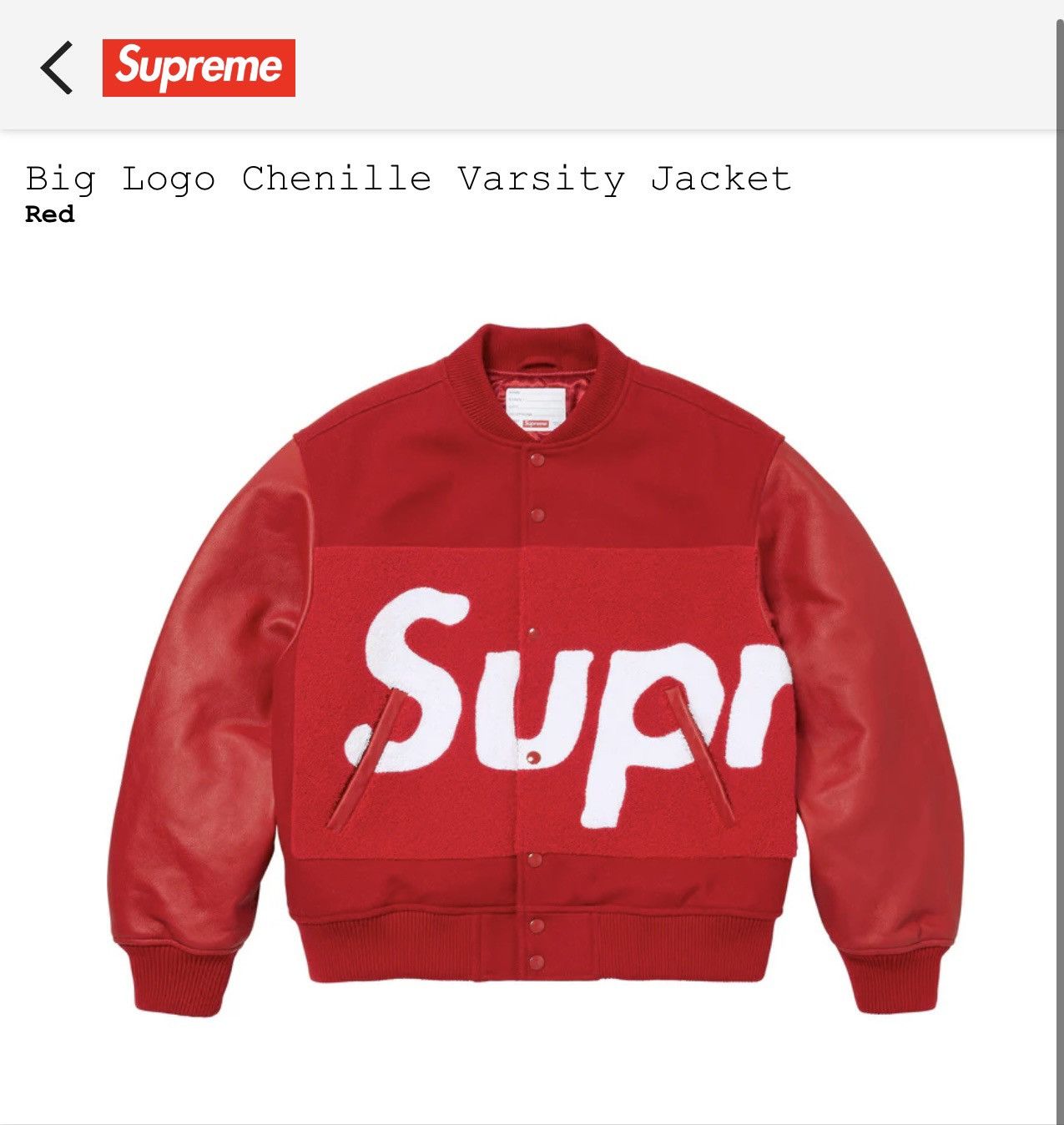 image of Cactus Plant Flea Market x Supreme Big Logo Chenille Varsity Jacket in Red, Men's (Size Medium)