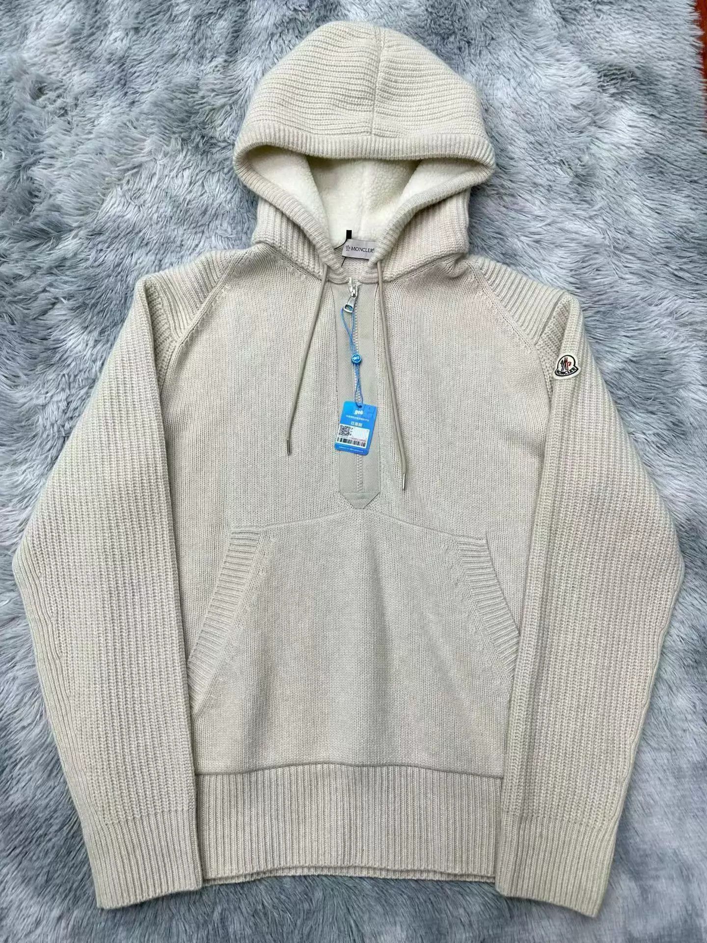 Moncler Beige Knit Hooded Sweater with Front Pocket Size US XL / EU 56 / 4 - 1 Thumbnail