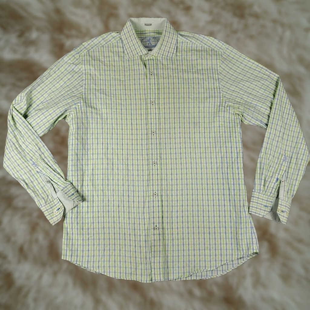 BUGATCHI Bugatchi Shirt Mens XL Green Blue Plaid Shaped Fit Button Up Long Sleeve Size US XL / EU 56 / 4 - 1 Thumbnail