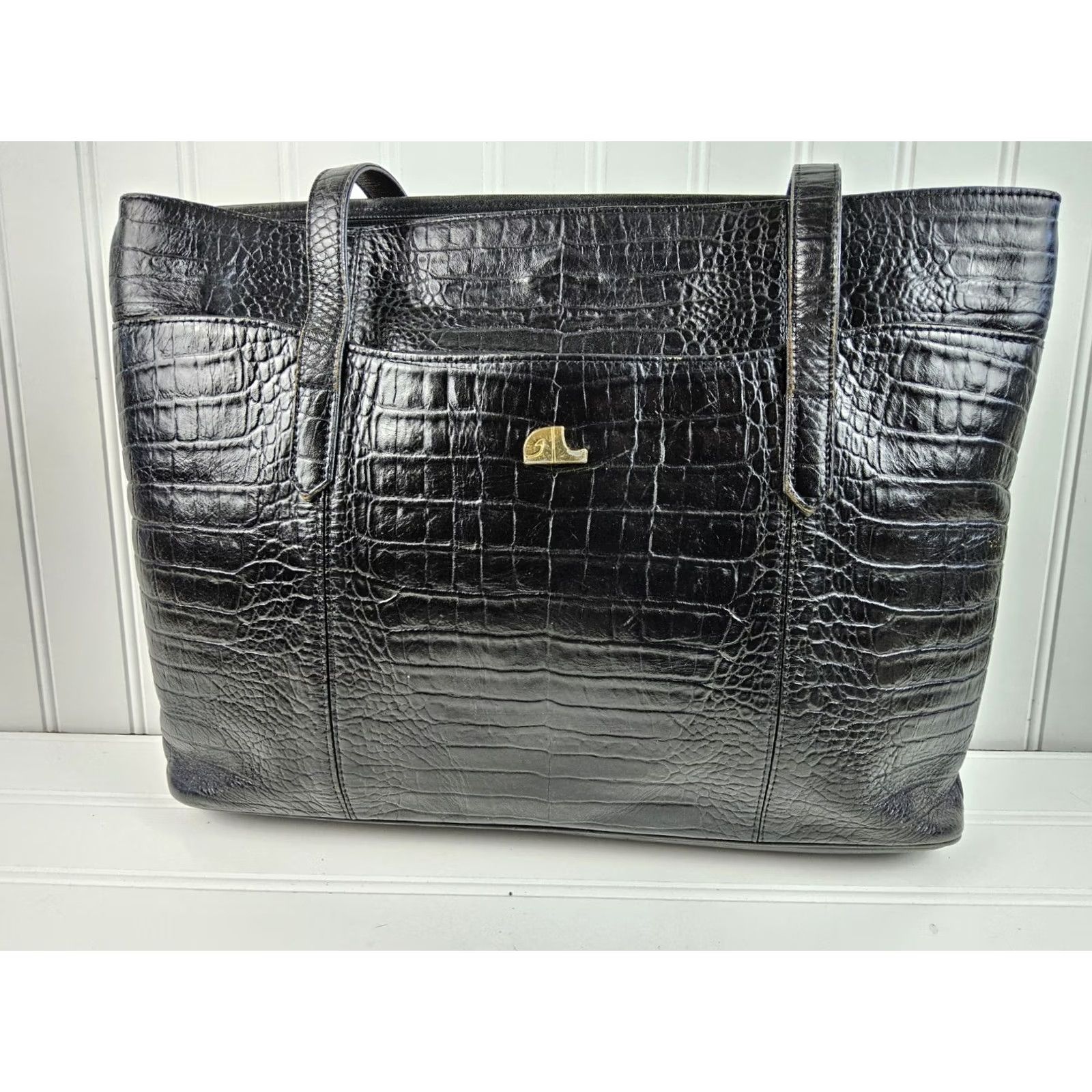 Vintage Annalou Crocodile Embossed Leather Tote Shoulder Handbag Purse Women Leather Tote Black Size ONE SIZE - 3 Thumbnail
